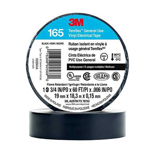 3M 165BK4A 165 Temflex 3/4" Vinyl Electrical Tape, Black, 60FT