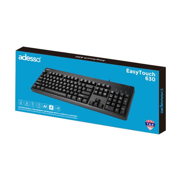 Adesso 104-Key Antimicrobial Keyboard with Fingerprint Reader | TAA Compliant | Wired | AKB-630FB-TAA - Image 3