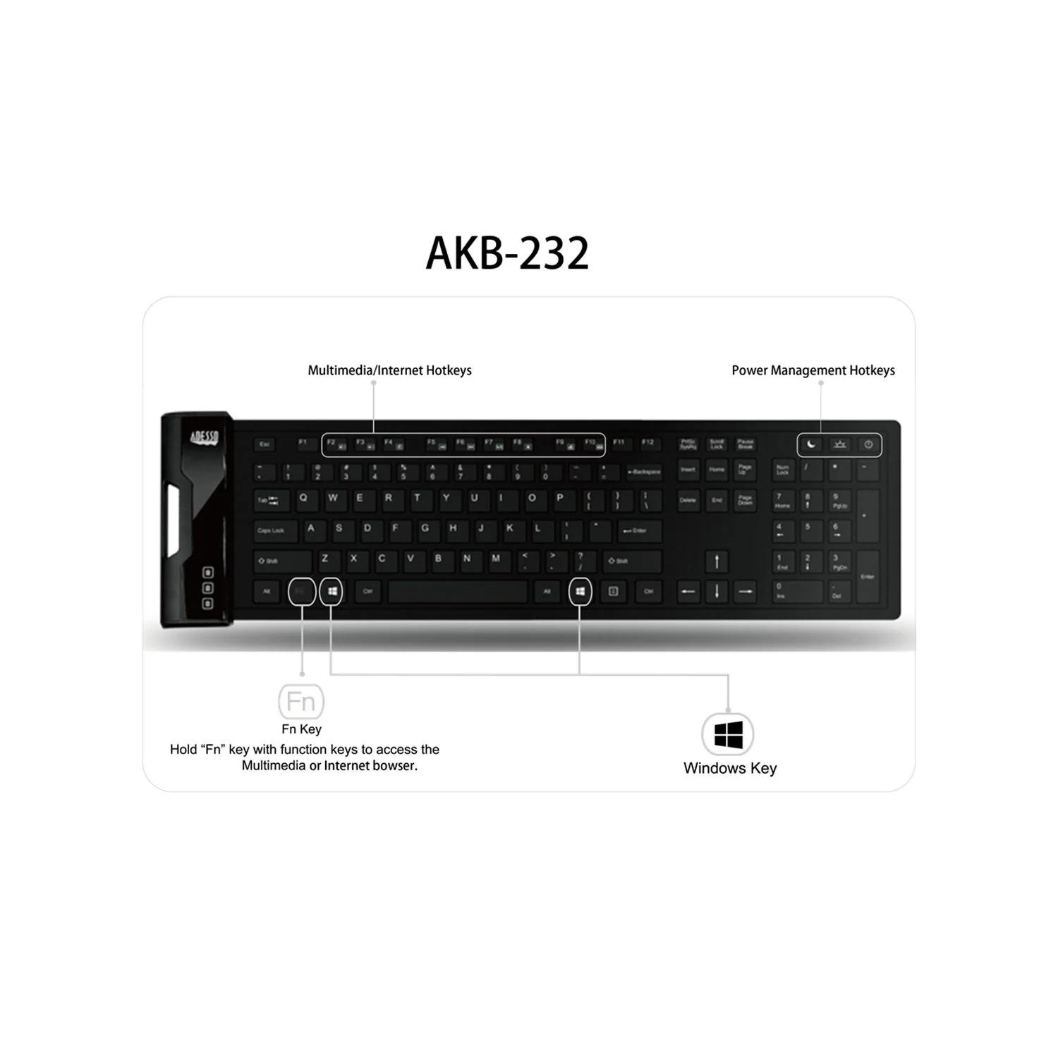 Adesso SlimTouch 232 Antimicrobial Waterproof Flex Keyboard - 120 Keys (Black) - Image 5