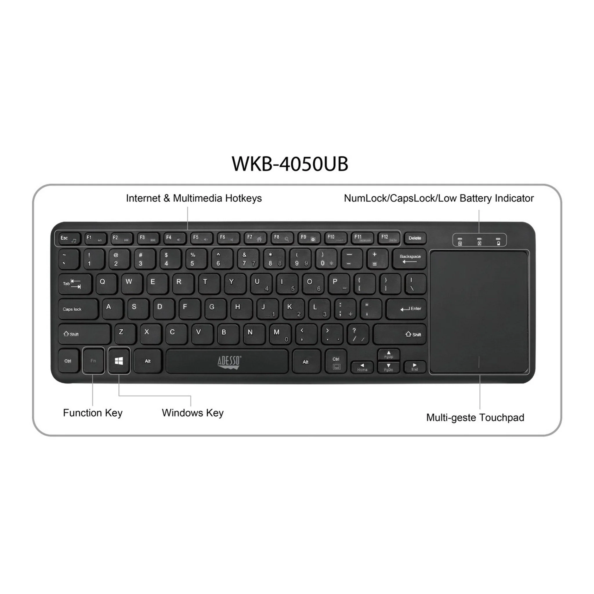 Adesso WKB-4050UB Ultra-Slim Wireless Keyboard with Built-in Touchpad - Black - Image 3