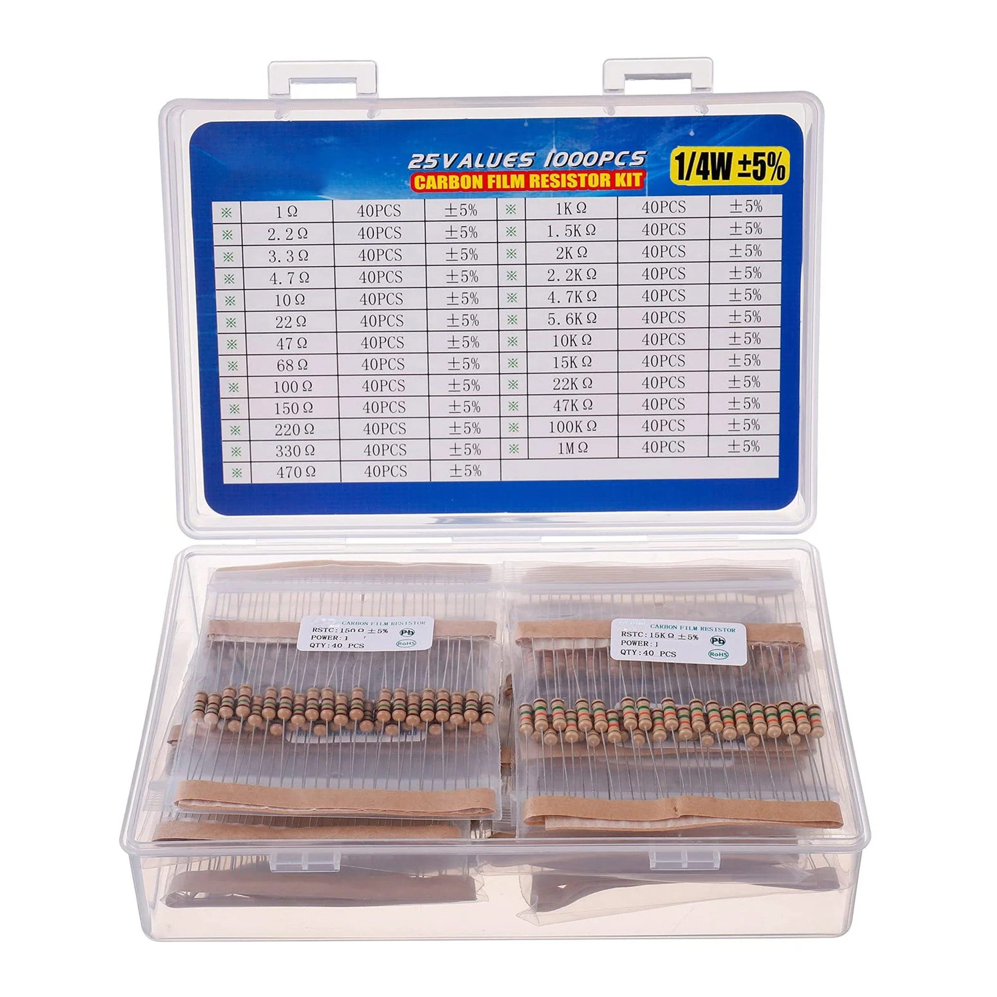 Altex Preferred MFG 1000-Piece 25 Value 1/4W Carbon Film Resistor Assortment Kit - Image 2