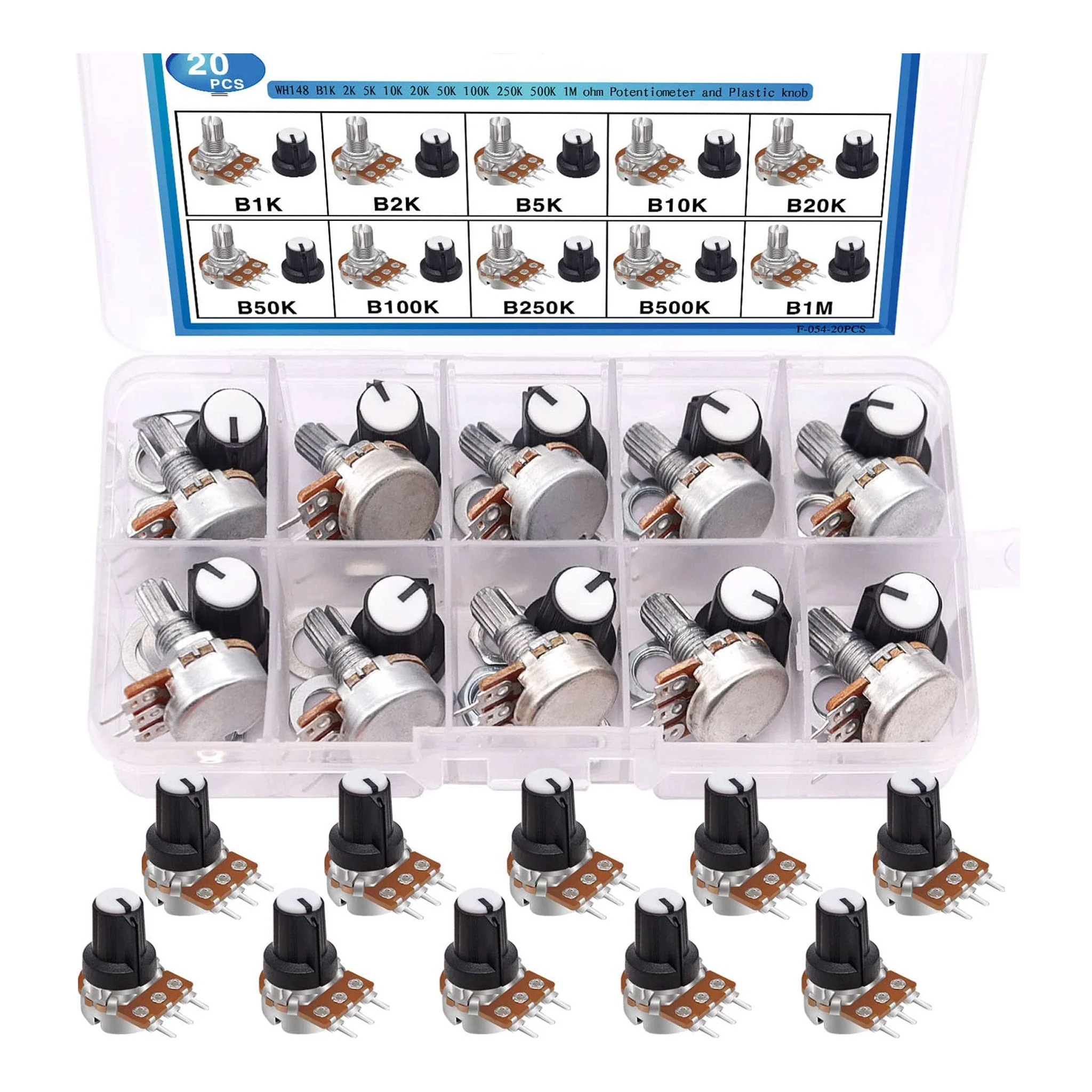 Altex Preferred MFG 20-Piece Potentiometer Kit with Knobs - B1K 2K 5K 10K 20K 50K 100K 250K 500K 1M Ohm - Image 2