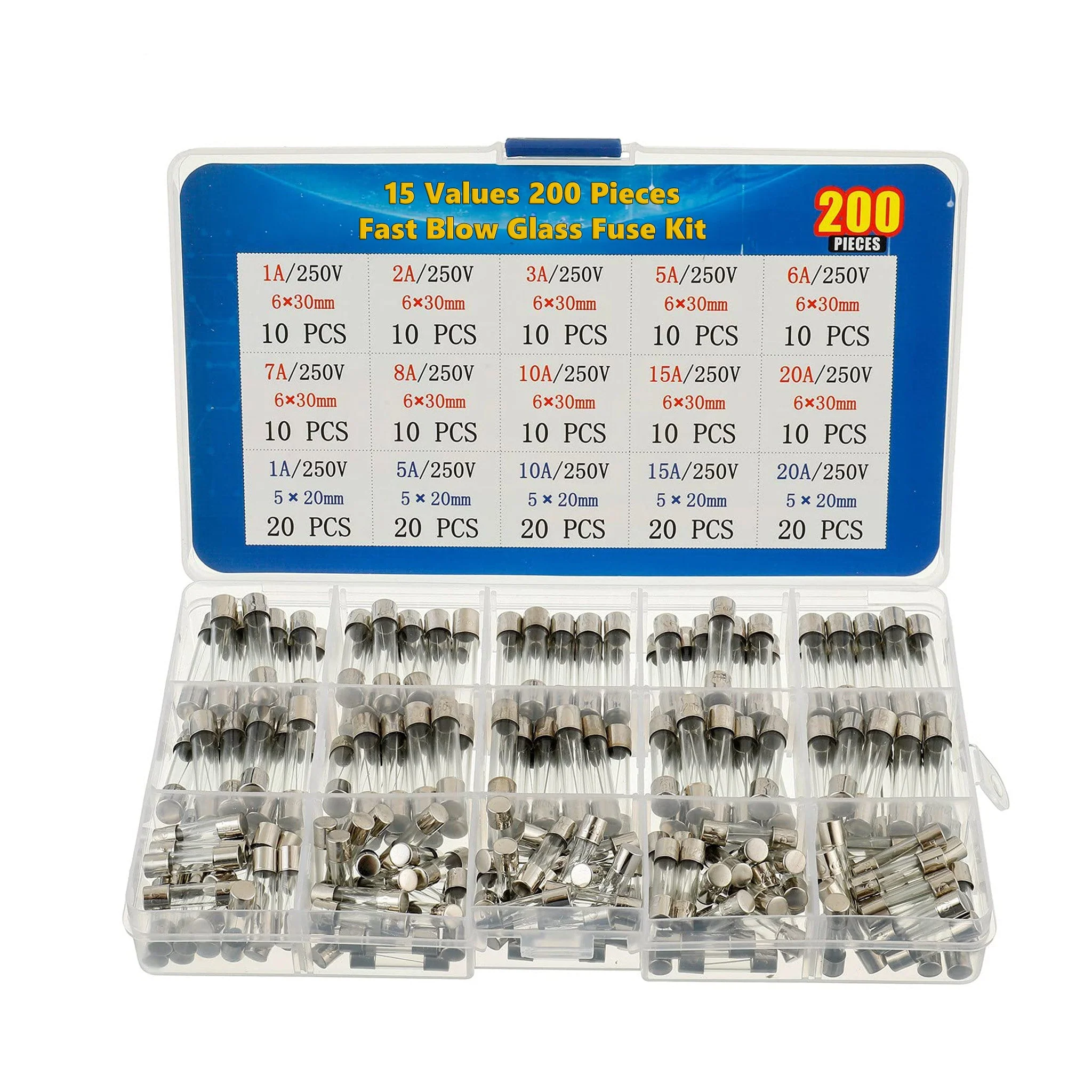Altex Preferred MFG 200 Pieces High Quality Fast Blow Glass Fuse Kit - 5x20mm 250V 1A 5A 10A 15A 20A 6x30mm 250V 1A 2A 3A 5A 6A 7A 8A 10A 15A 20A