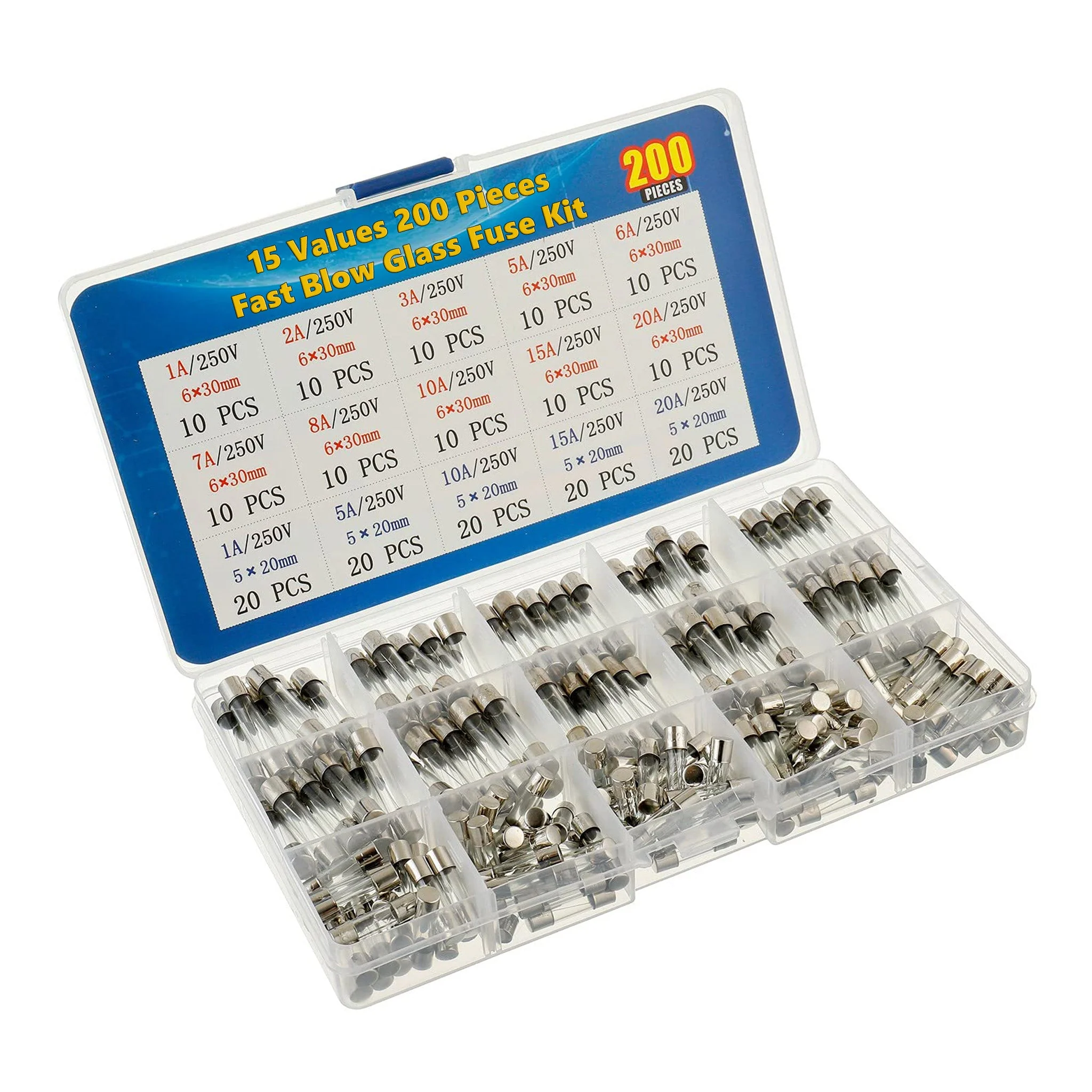 Altex Preferred MFG 200 Pieces High Quality Fast Blow Glass Fuse Kit - 5x20mm 250V 1A 5A 10A 15A 20A 6x30mm 250V 1A 2A 3A 5A 6A 7A 8A 10A 15A 20A - Image 2