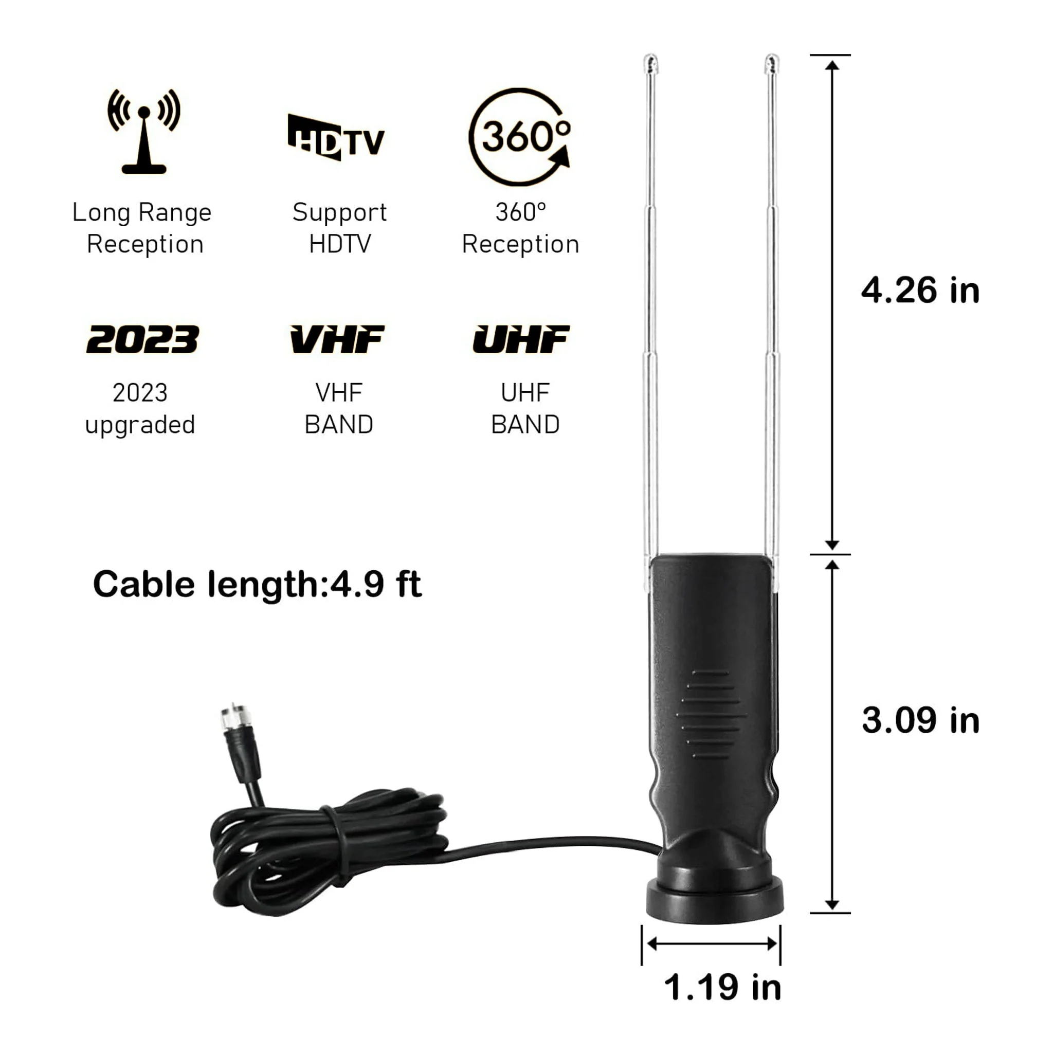 Altex Preferred MFG 4K 1080p Indoor Long Range Rabbit Ears HDTV 360° Antenna with Suction Cup Base - 4.9ft Cable - Image 5