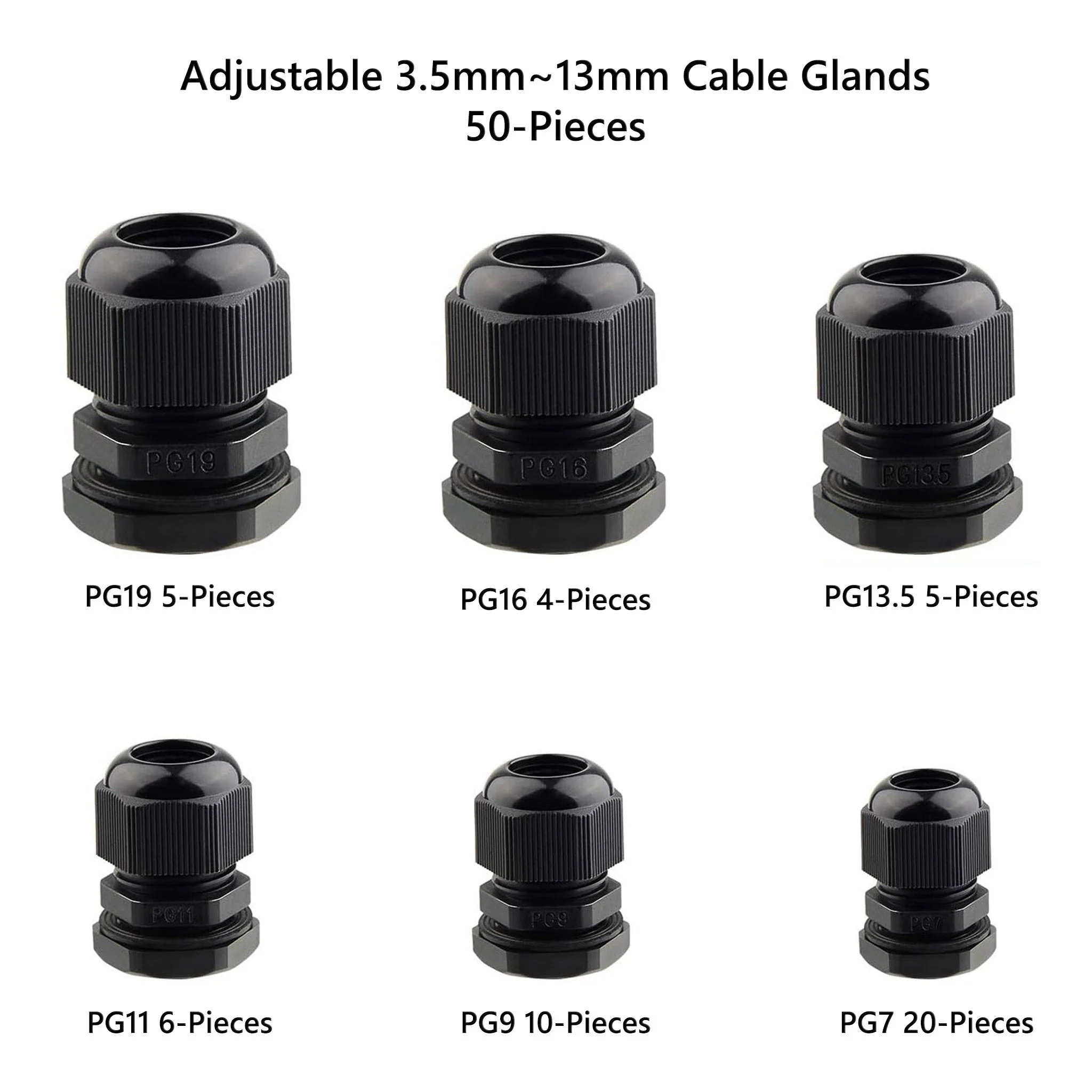 Altex Preferred MFG 50-Piece 3mm~16mm Waterproof Adjustable Cable Gland Connectors with Gaskets - Black - Image 2