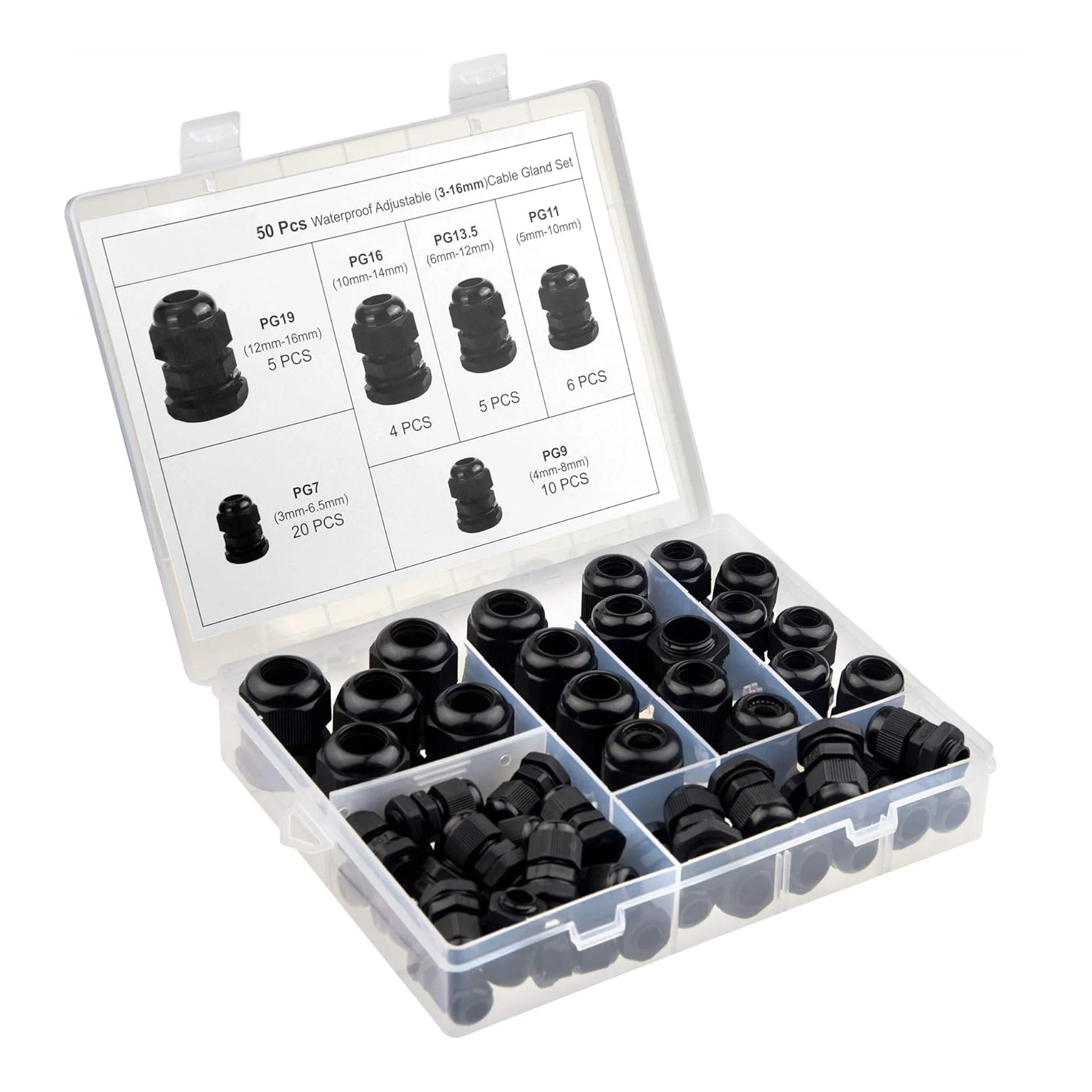 Altex Preferred MFG 50-Piece 3mm~16mm Waterproof Adjustable Cable Gland Connectors with Gaskets - Black - Image 5