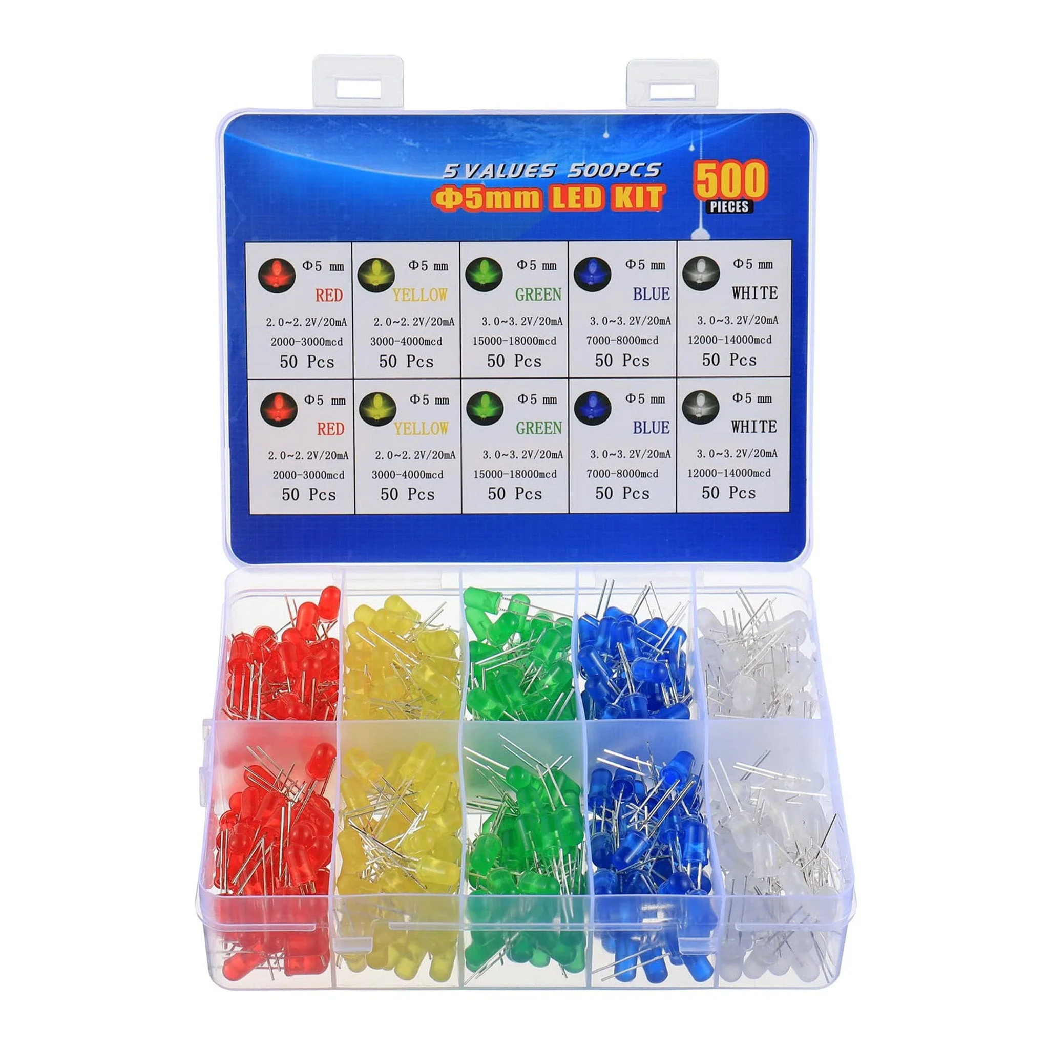 Altex Preferred MFG 500-Piece 5-Color 5mm LED Diode Lights Kit - Red / Yellow / Green / Blue / White
