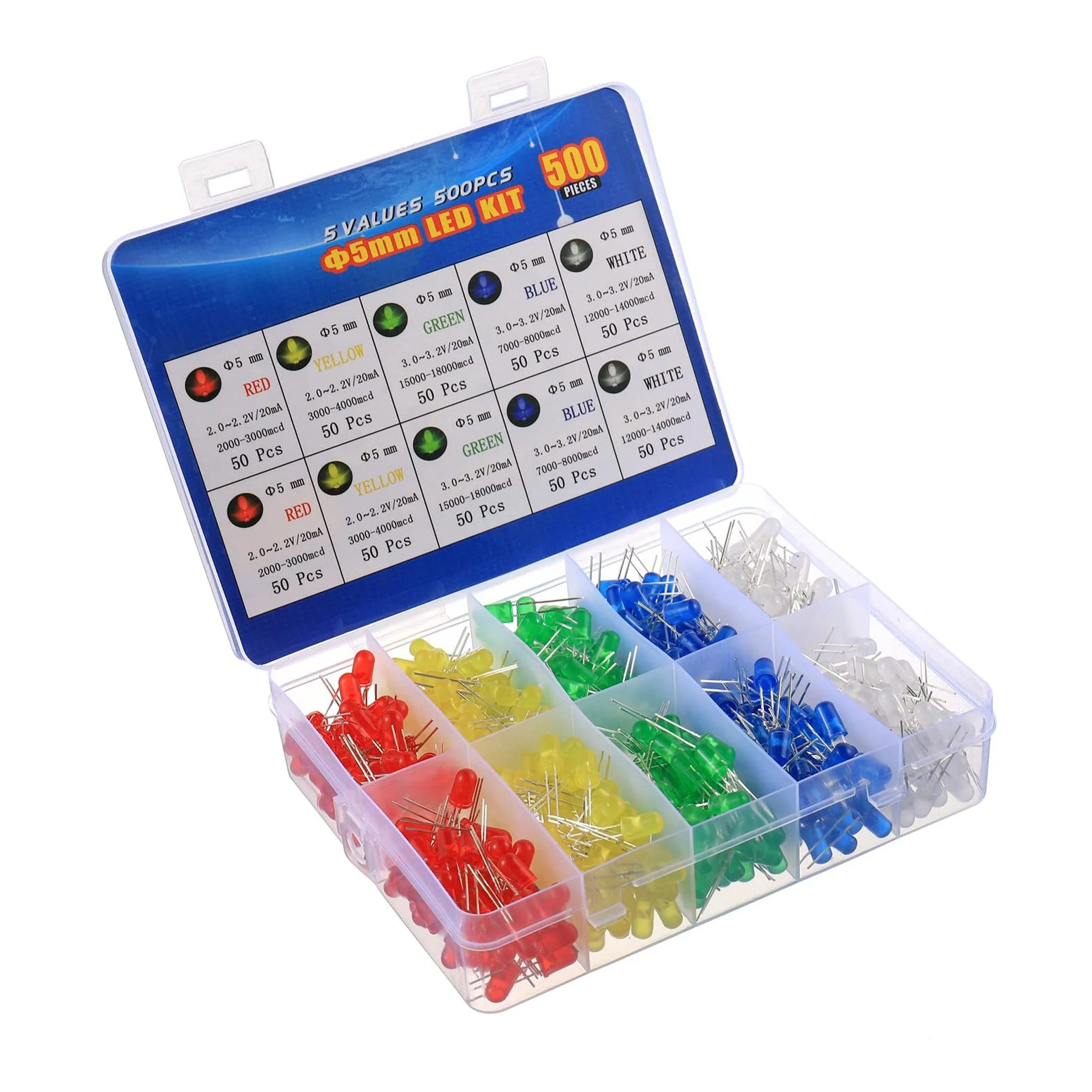 Altex Preferred MFG 500-Piece 5-Color 5mm LED Diode Lights Kit - Red / Yellow / Green / Blue / White - Image 2