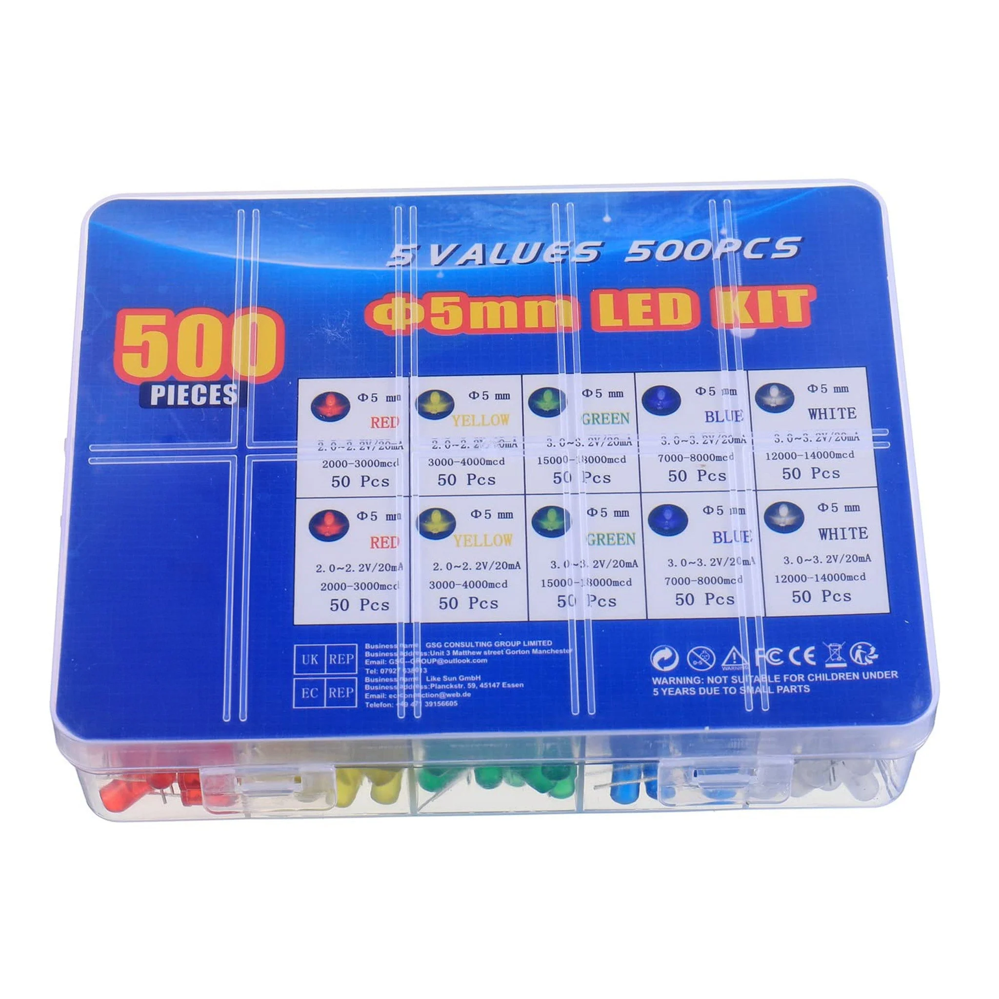 Altex Preferred MFG 500-Piece 5-Color 5mm LED Diode Lights Kit - Red / Yellow / Green / Blue / White - Image 3