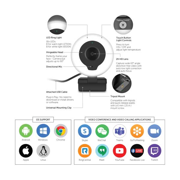 Aluratek AWCL2KFR Live 2K HD Ring Light Webcam with Tripod - Image 4