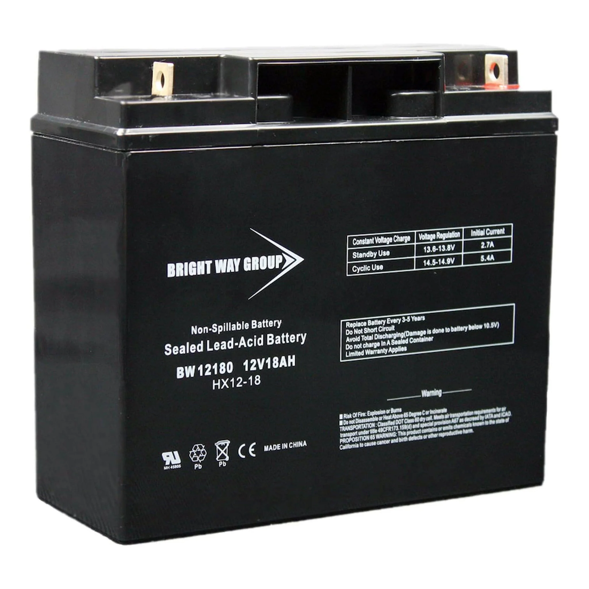 Bright Way Group BW 12180NB 12V 18Ah Rechargeable Sealed Lead Acid Battery with Nut and Bolt Terminals
