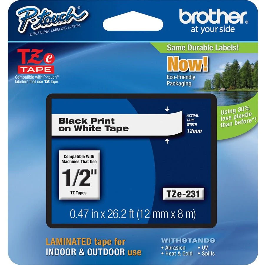Brother TZE231 1/2" P-Touch Label Tape, Black On White, 26FT