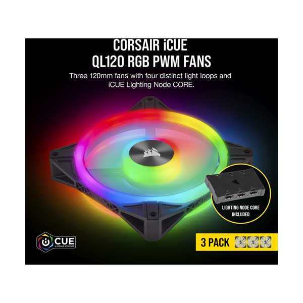 CORSAIR CO-9050098-WW 3-Pack iCUE QL120 RGB 120mm PWM Fan with Lighting Node CORE - Image 2