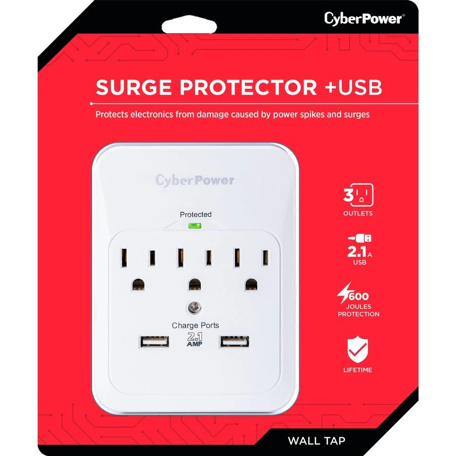 CyberPower Home & Office 3 Outlet + 2 USB Port Surge Protector - Image 4