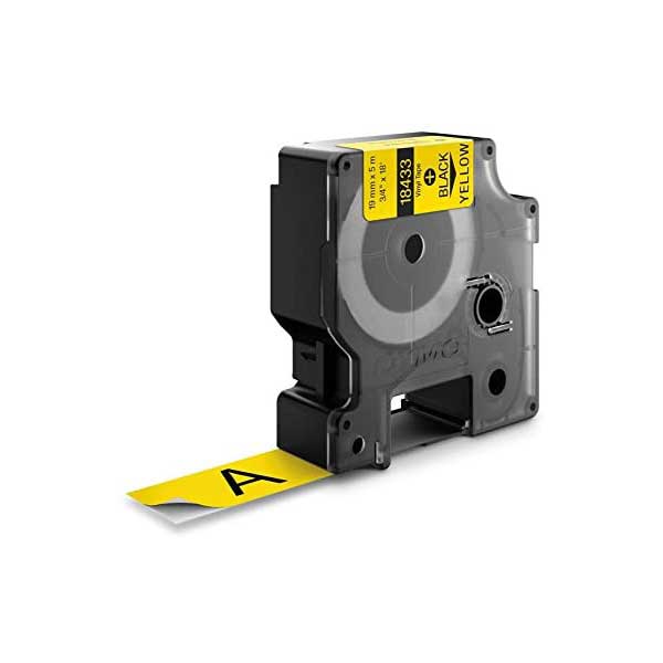DYMO Rhino 18433 3/4" Vinyl Label Tape, Black On Yellow, IND, 18FT