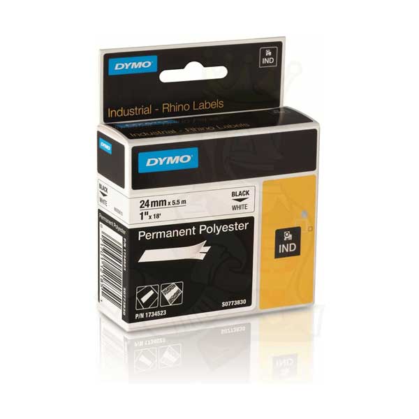DYMO Rhino 1734523 1" Permanent Polyester Tape, Black on White, IND, 18FT