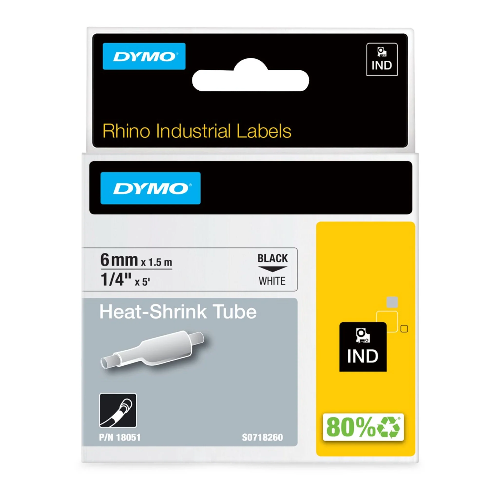 DYMO Rhino 18051 1/4" Heat Shrink Tubing, Black On White, 3:1, IND, 5FT