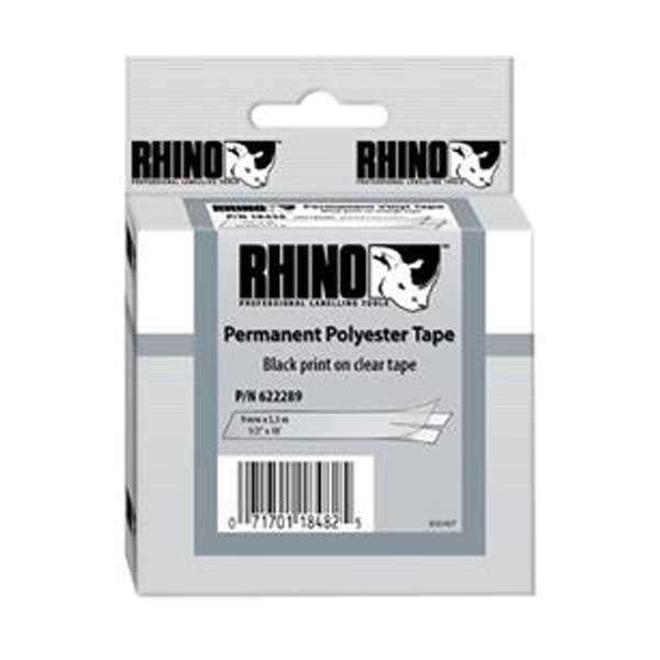 DYMO Rhino 18508 3/8" Permanent Polyester Label Tape, Black On Clear, 18FT