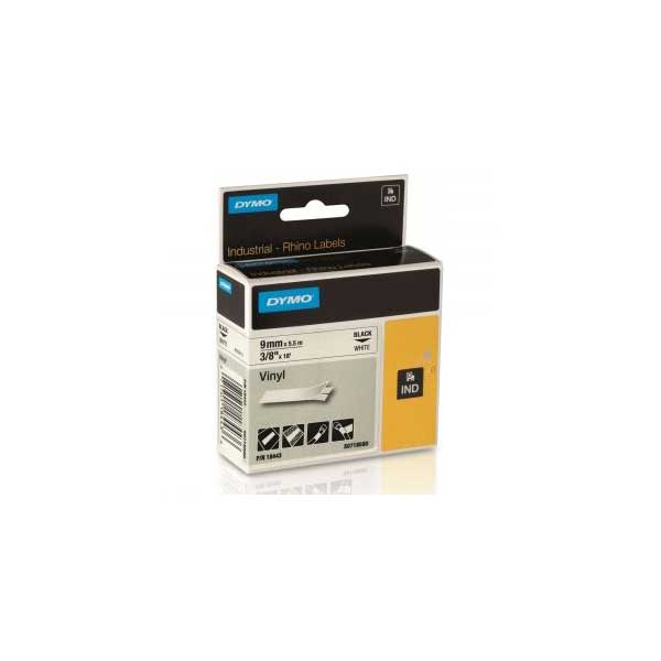 DYMO Rhino 18443 3/8" Vinyl Label Tape, Black On White, IND, 18FT