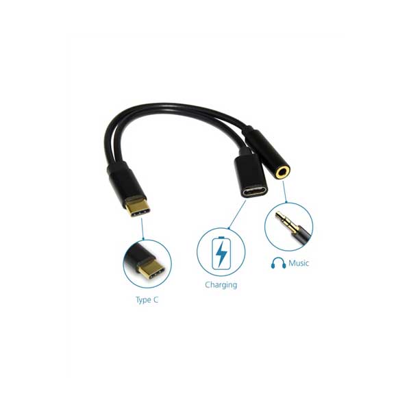 GCIG 11169 XtremPro 2 in 1 Type C USB Male Splitter to Type C USB Female and 3.5mm Stereo Female Headphone Jack - Black - Image 2