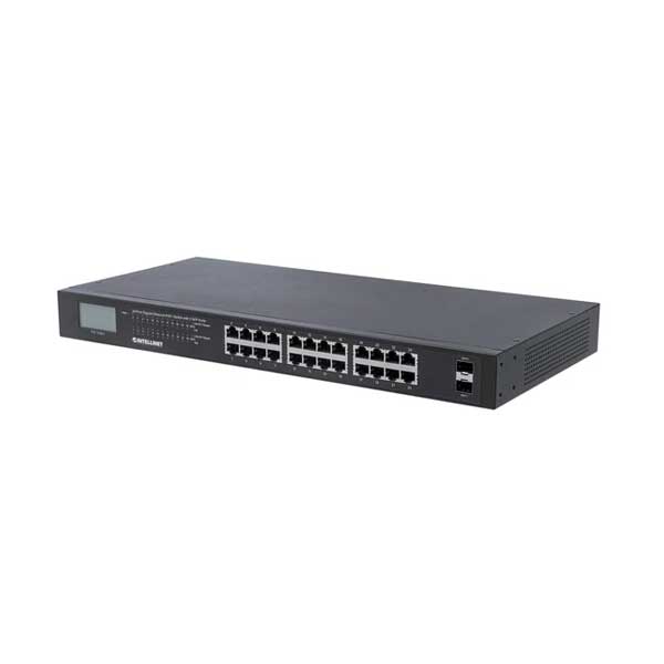 Intellinet 561242 24-Port Gigabit Ethernet PoE+ Switch with 2 SFP Ports and LCD Screen - 370W PoE Budget