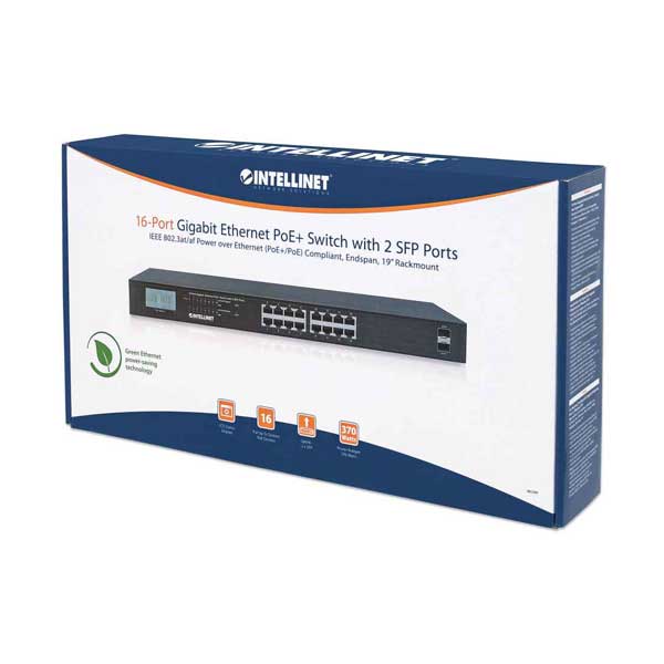 Intellinet 561259 370W 16-Port Gigabit Ethernet PoE+ Switch with 2 SFP Ports and LCD Screen - Image 4