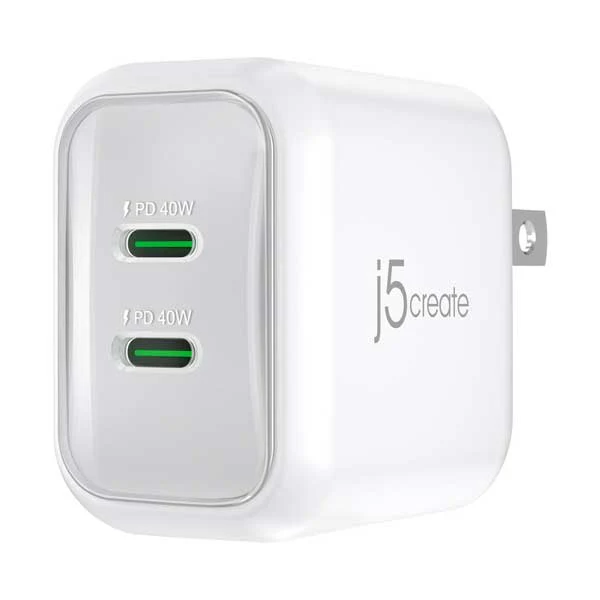 j5create 40W GaN USB-C 2-Port Mini Charger | Fast Charging | JUP2540W