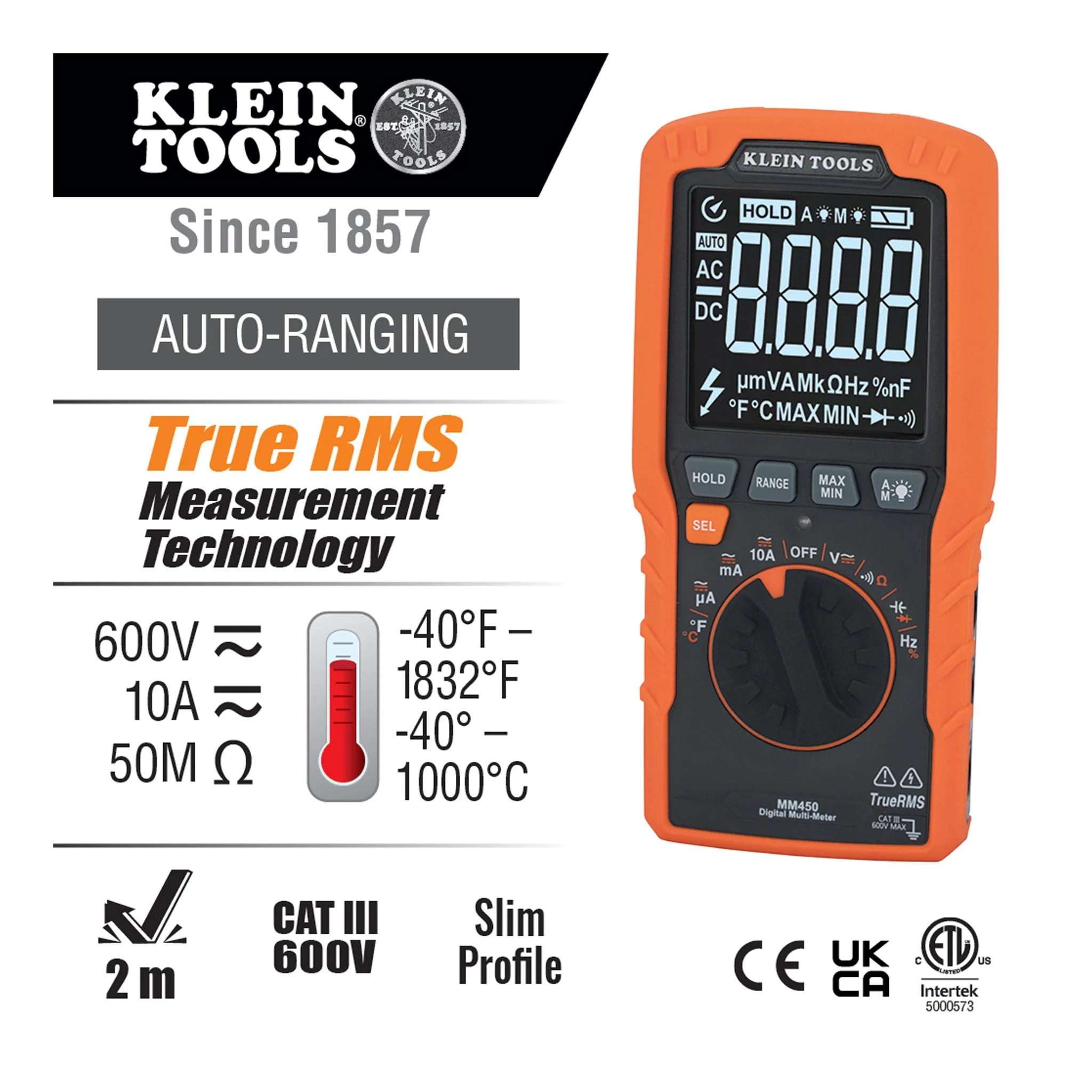 Klein Tools MM450 600V Temp TRMS Auto-Ranging Slim Digital Multimeter - Image 3
