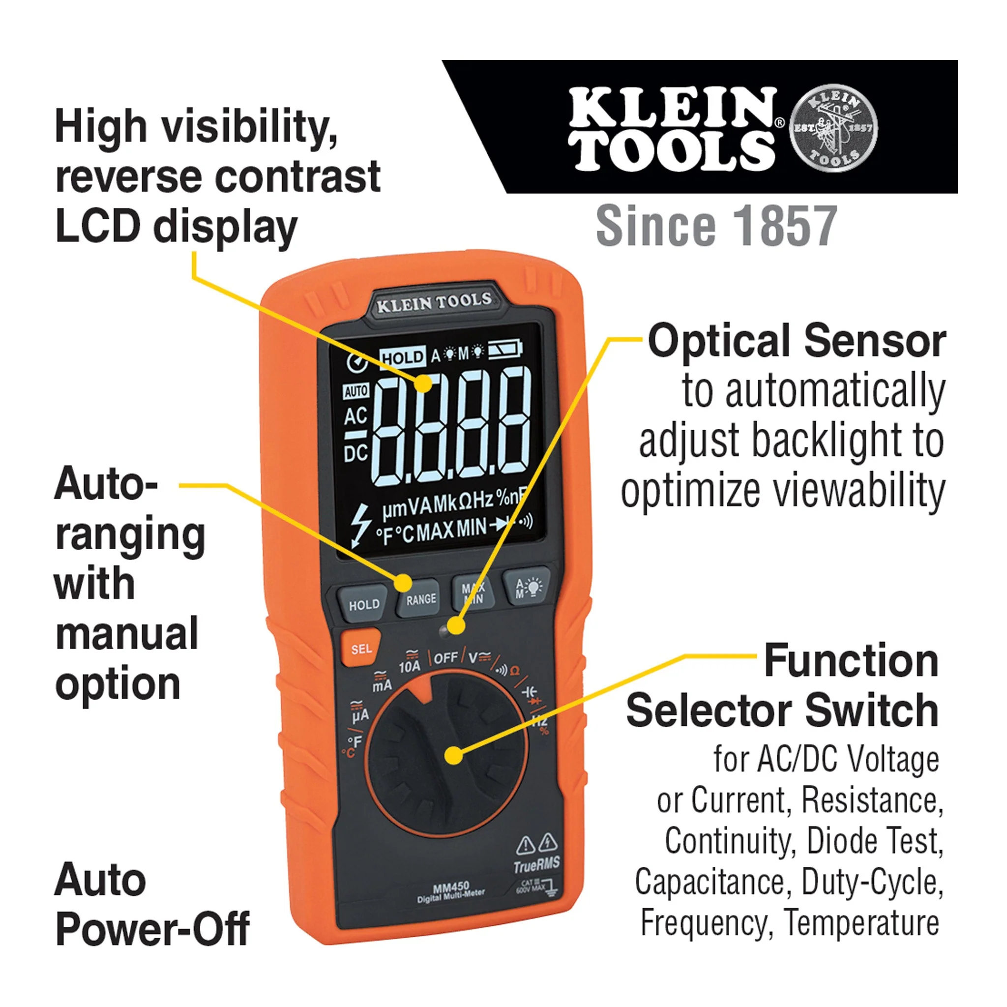 Klein Tools MM450 600V Temp TRMS Auto-Ranging Slim Digital Multimeter - Image 4