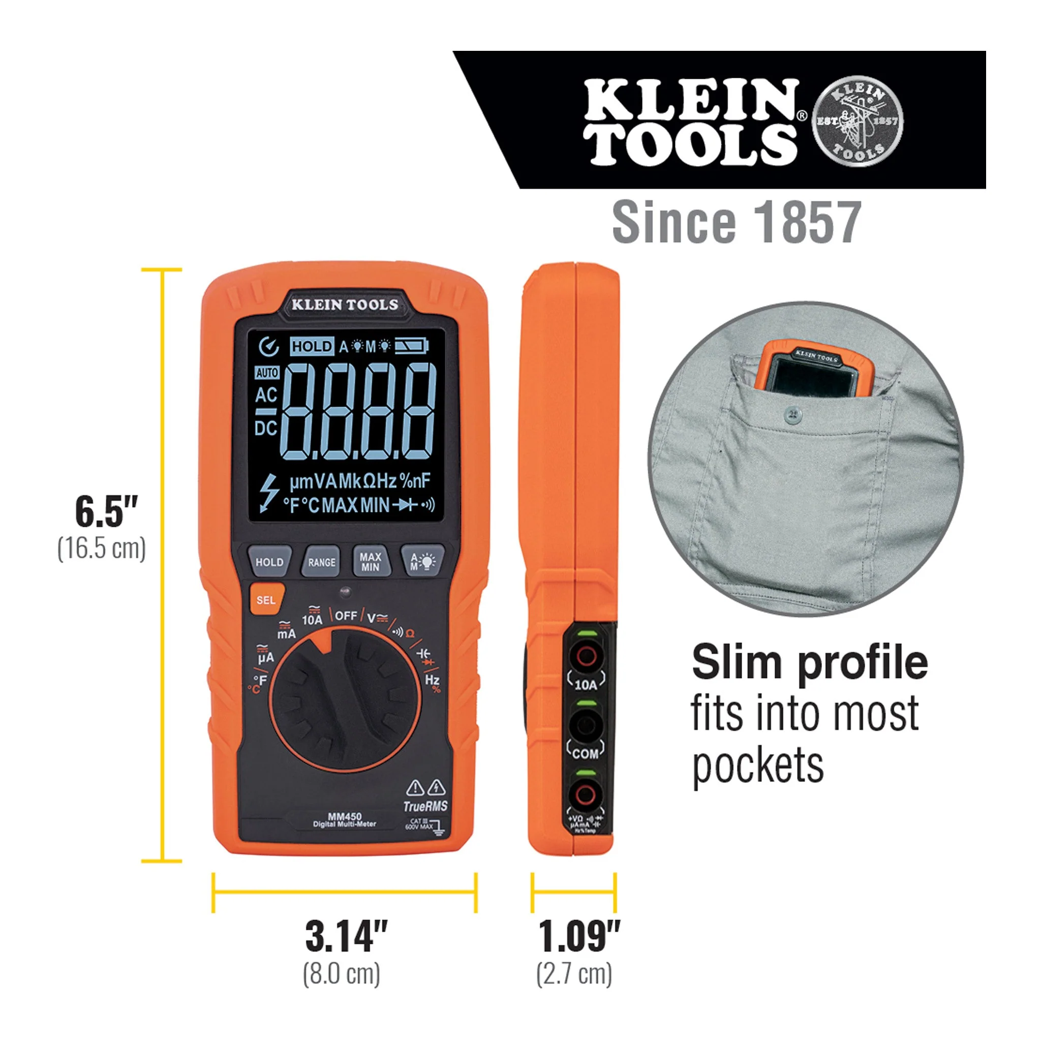 Klein Tools MM450 600V Temp TRMS Auto-Ranging Slim Digital Multimeter - Image 5