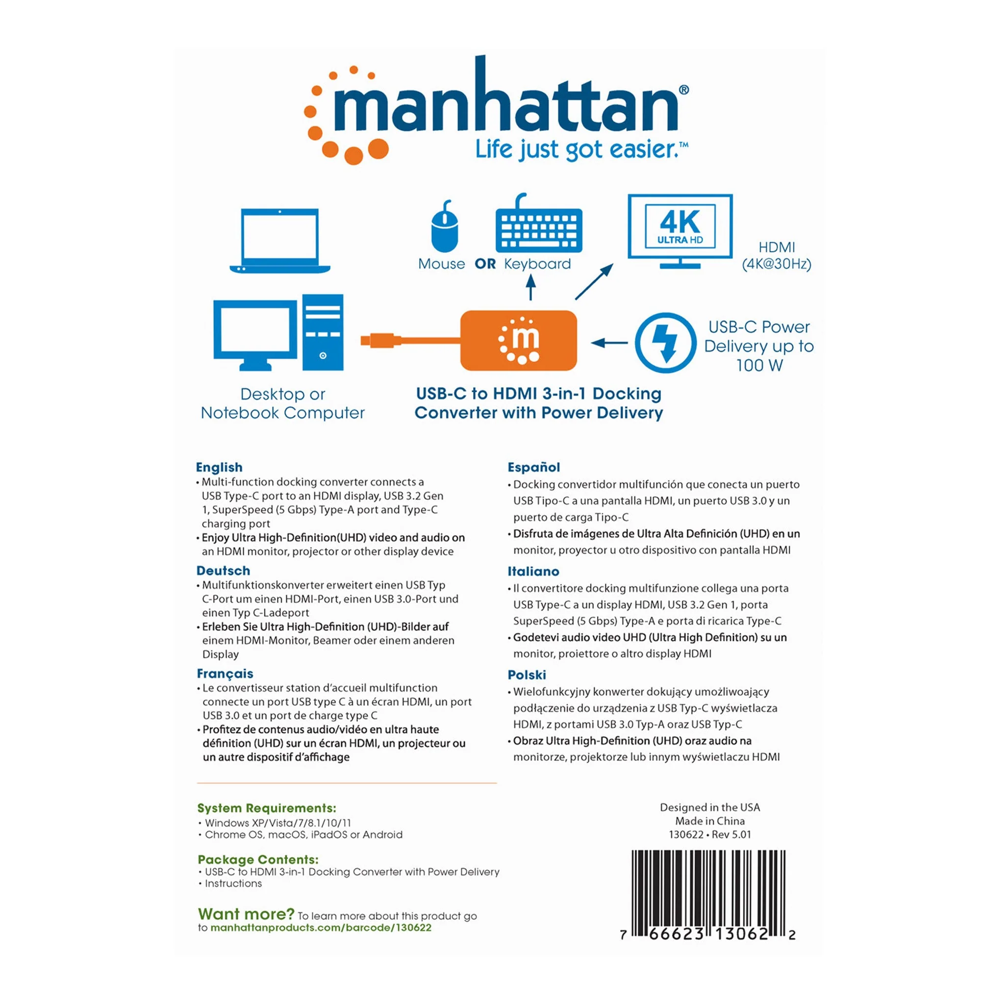 Manhattan 130622 3-in-1 USB-C to HDMI Docking Converter with 100W Power Delivery - Image 6