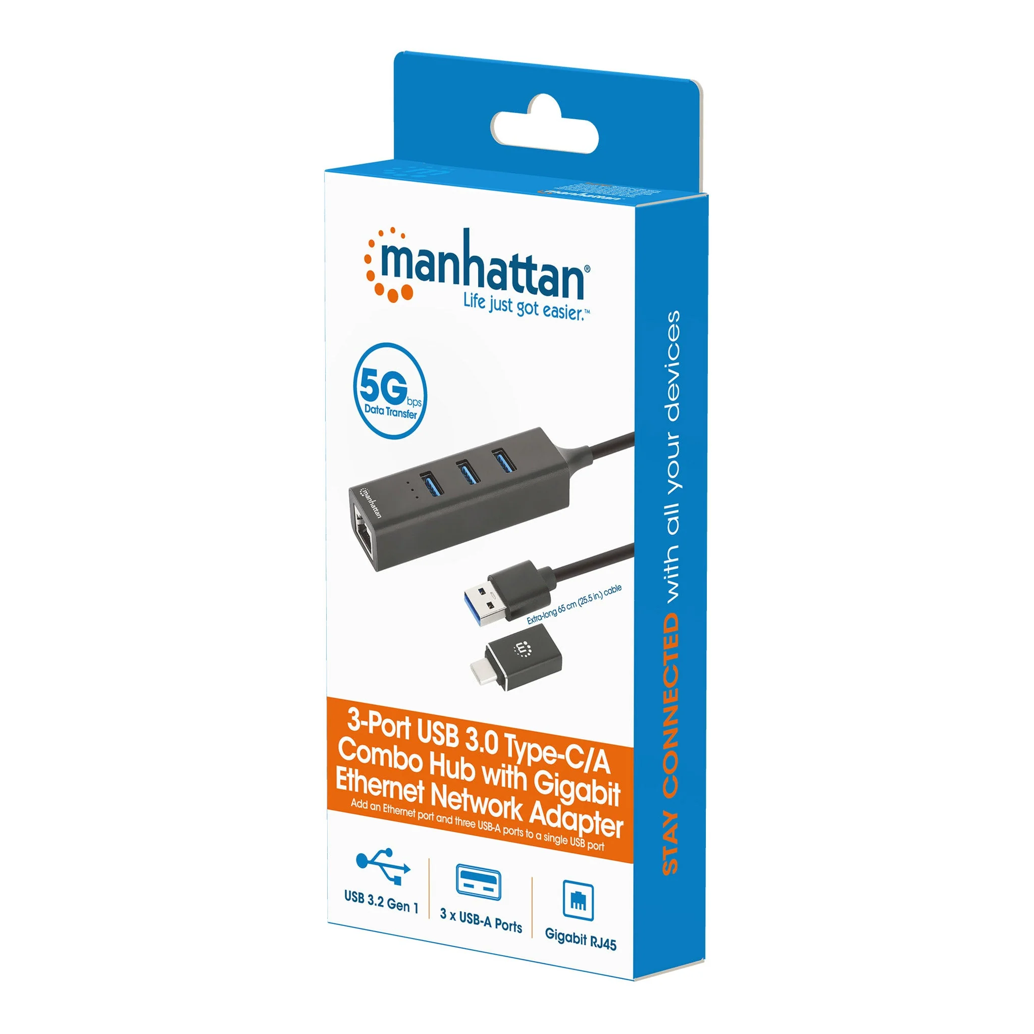 Manhattan 180894 3-Port USB 3.0 Type-C/A Combo Hub with Gigabit Ethernet Network Adapter - Image 5