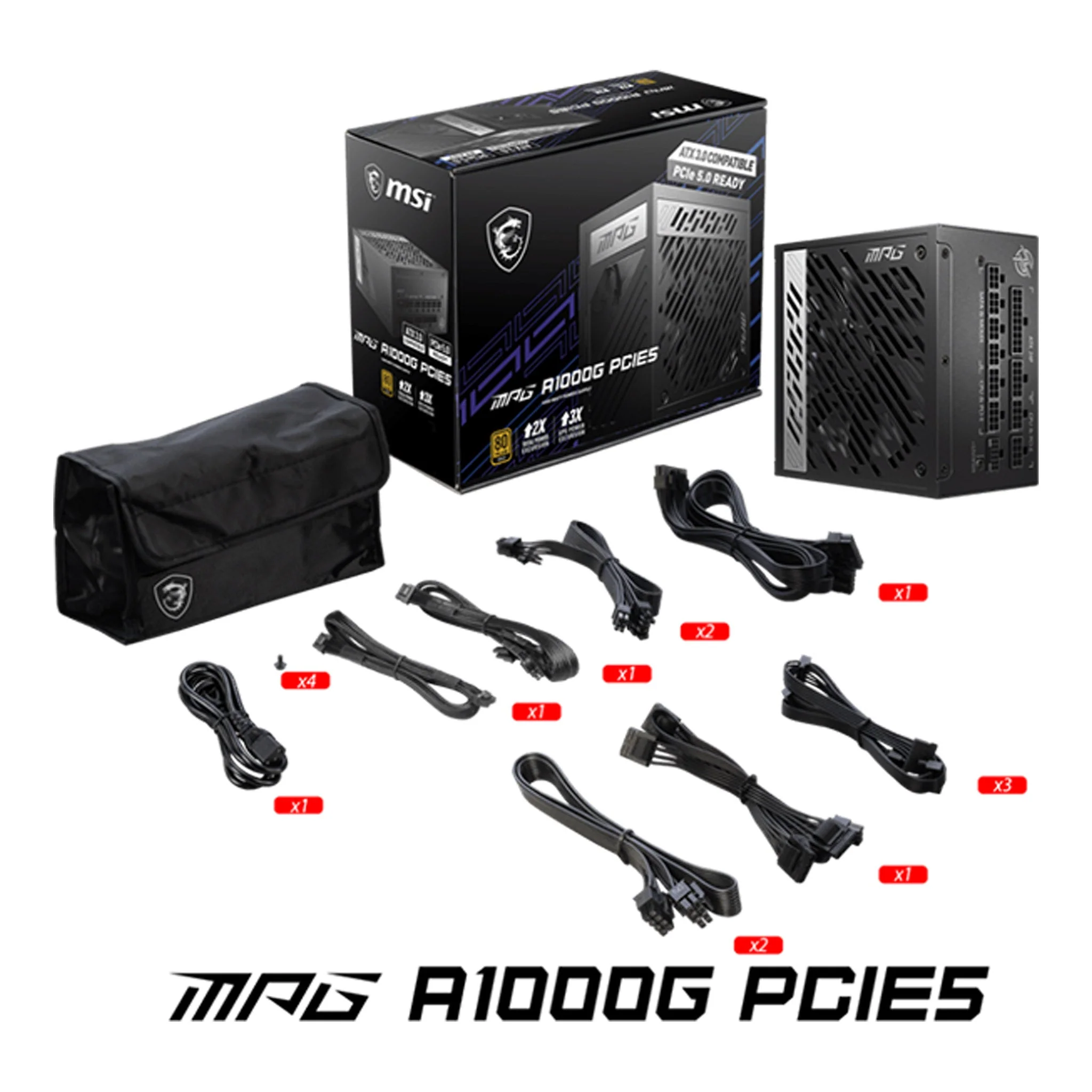 MSI MPG A1000G PCIE5 1000W 80 Plus Gold Fully Modular ATX 3.0 Power Supply - Black - Image 5