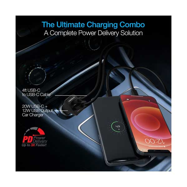 naztech 15398 20W USB-C PD + 12W USB Fast Car Charger with 4ft Black Male to Male USB-C Cable - Image 2
