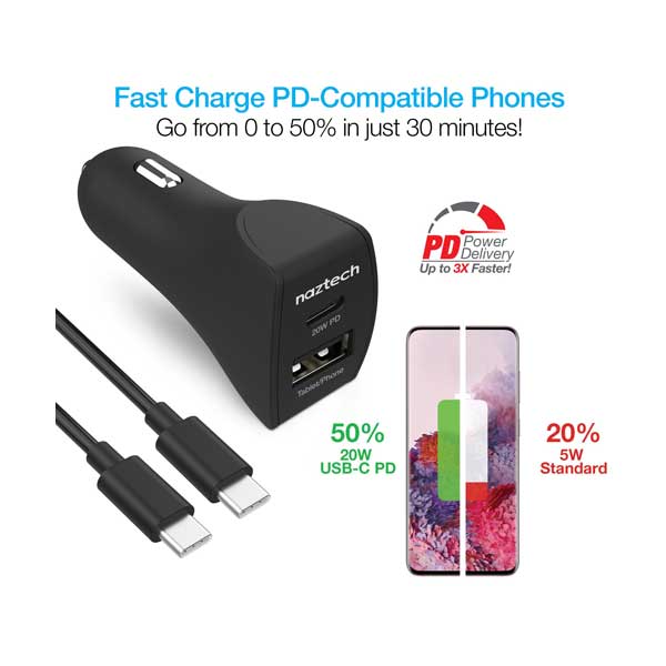 naztech 15398 20W USB-C PD + 12W USB Fast Car Charger with 4ft Black Male to Male USB-C Cable - Image 3