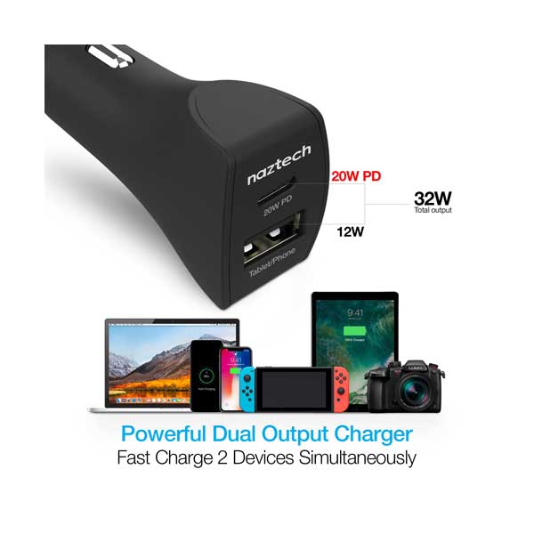naztech 15398 20W USB-C PD + 12W USB Fast Car Charger with 4ft Black Male to Male USB-C Cable - Image 4
