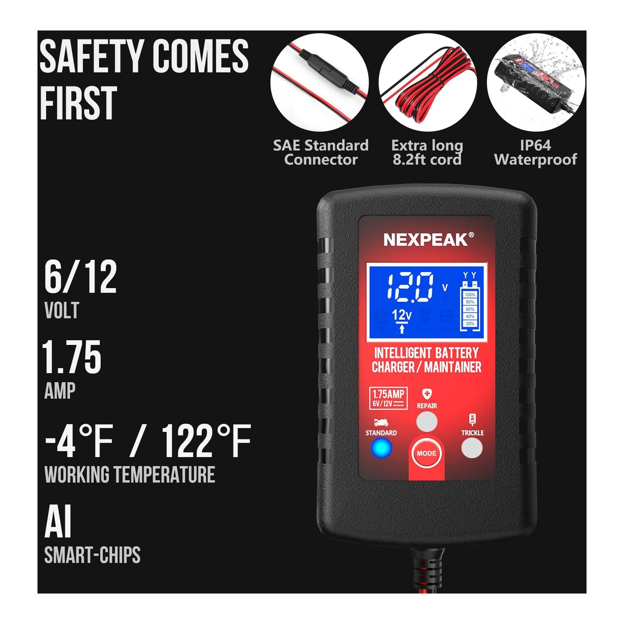 NEXPEAK NC175 6V/12V 1.75A Smart Lead-Acid Battery Charger and Maintainer - Image 5