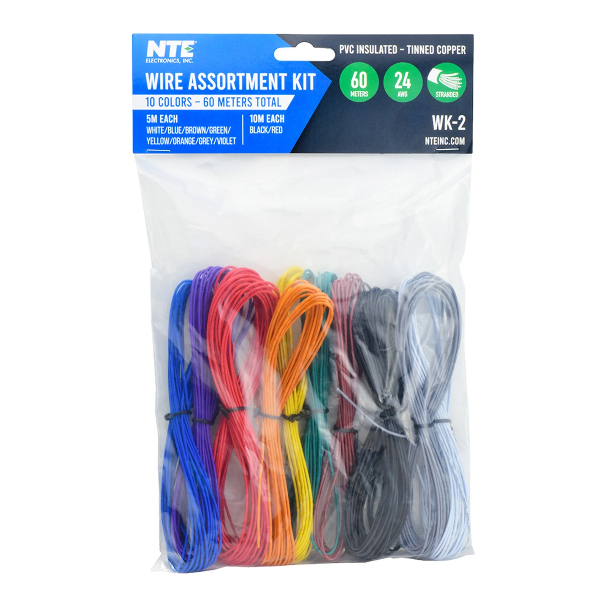 NTE WK-2 24AWG 10-Color PVC Insulated Stranded Wire Assortment, 60M Total