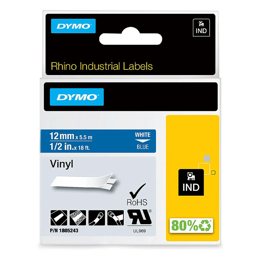 DYMO Rhino 1805243 1/2" Blue Vinyl Label Tape, White On Blue, IND, 18FT - Image 2