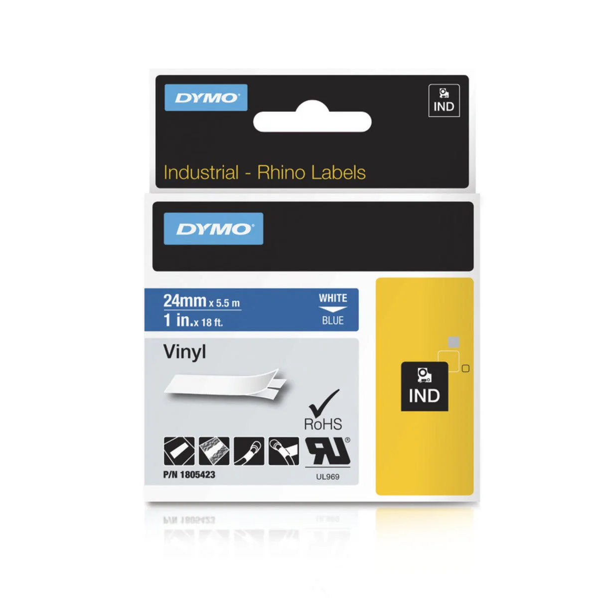 DYMO Rhino 1805423 1" Vinyl Label Tape, White On Blue, IND, 18FT - Image 2