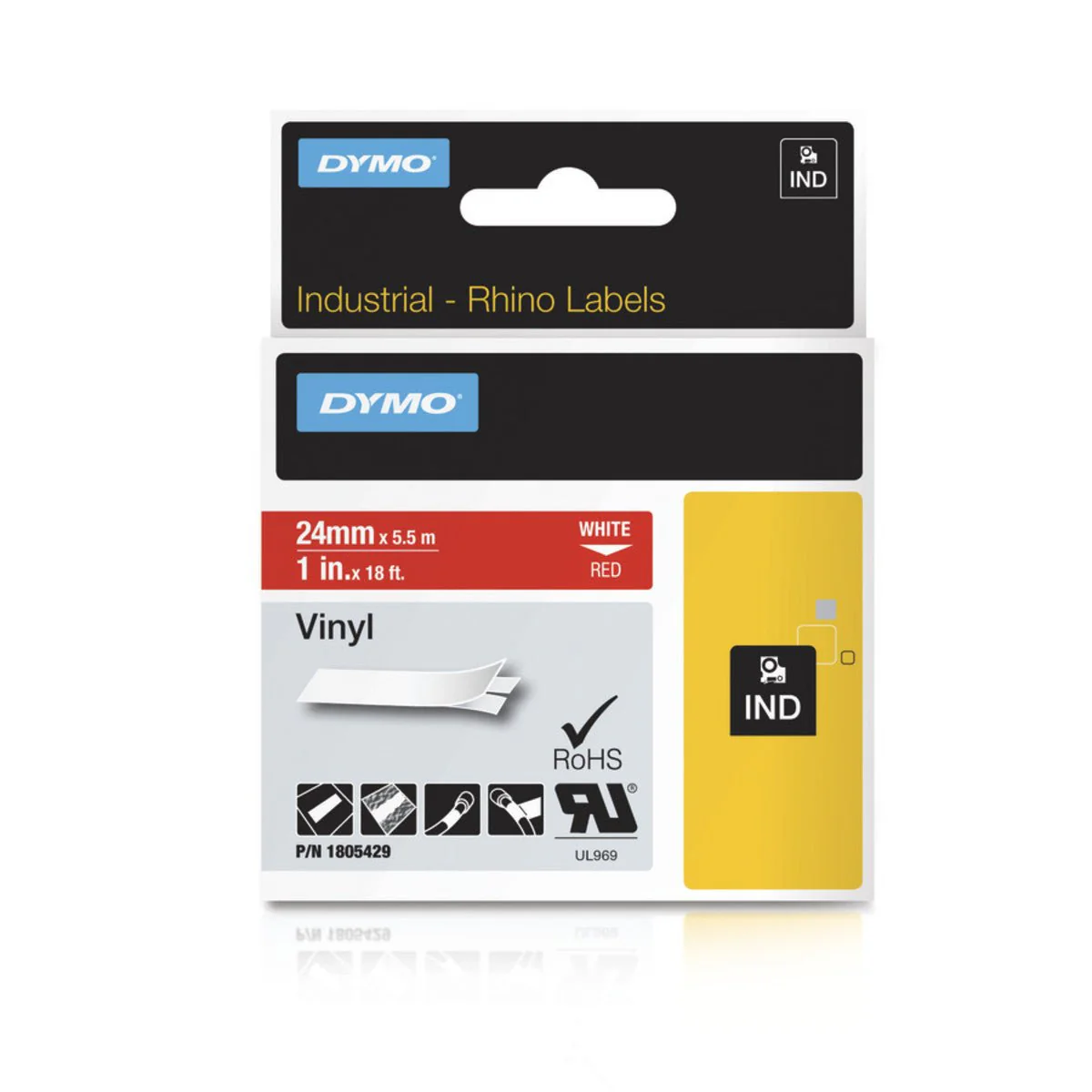 DYMO Rhino 1805429 1" Vinyl Label Tape, White On Red, IND, 18FT - Image 2