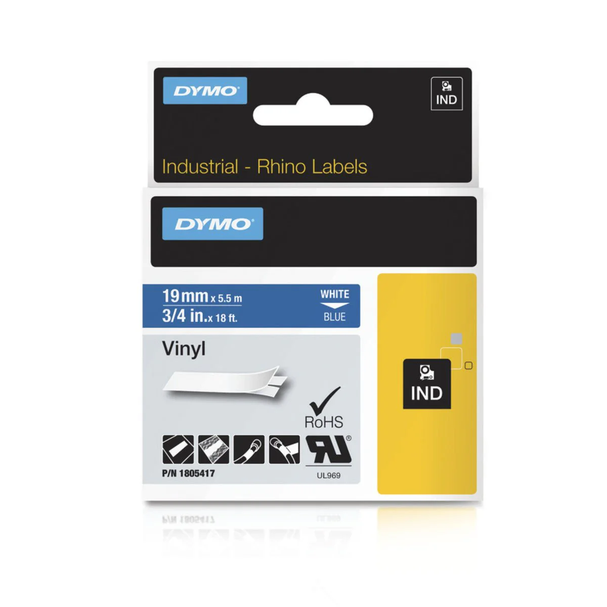 DYMO Rhino 1805417 3/4" Vinyl Label Tape, White On Blue, IND, 18FT - Image 2