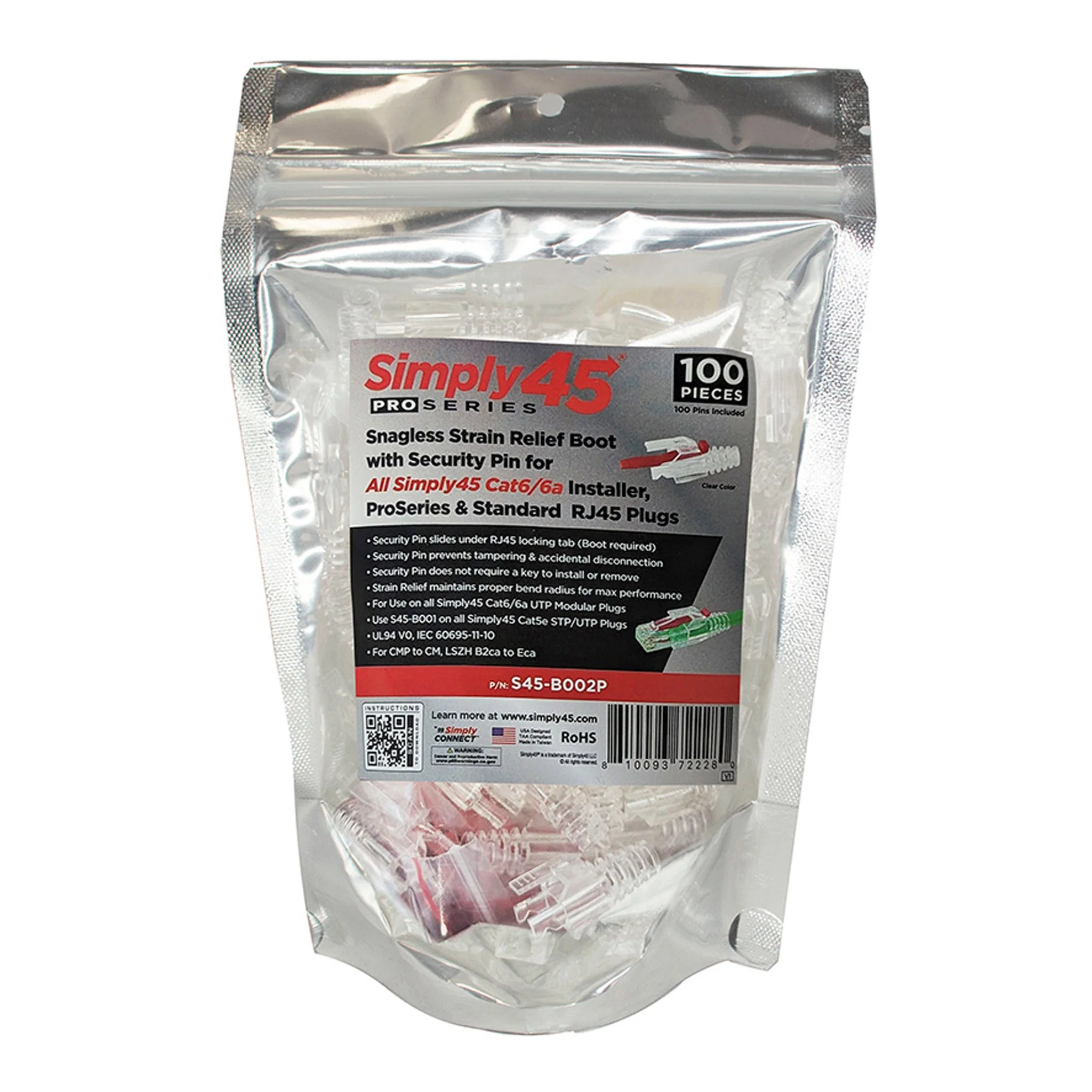 Simply45 S45-B002P PROSeries Cat6/6a Integrated Snagless Clear Strain Reliefs with Red Locking Pin 100-Pack - Image 3