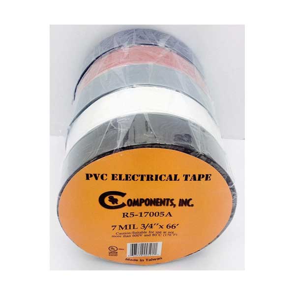5-Pack 3/4" Electrical Tape, Assorted Colors, PVC, 66FT Each