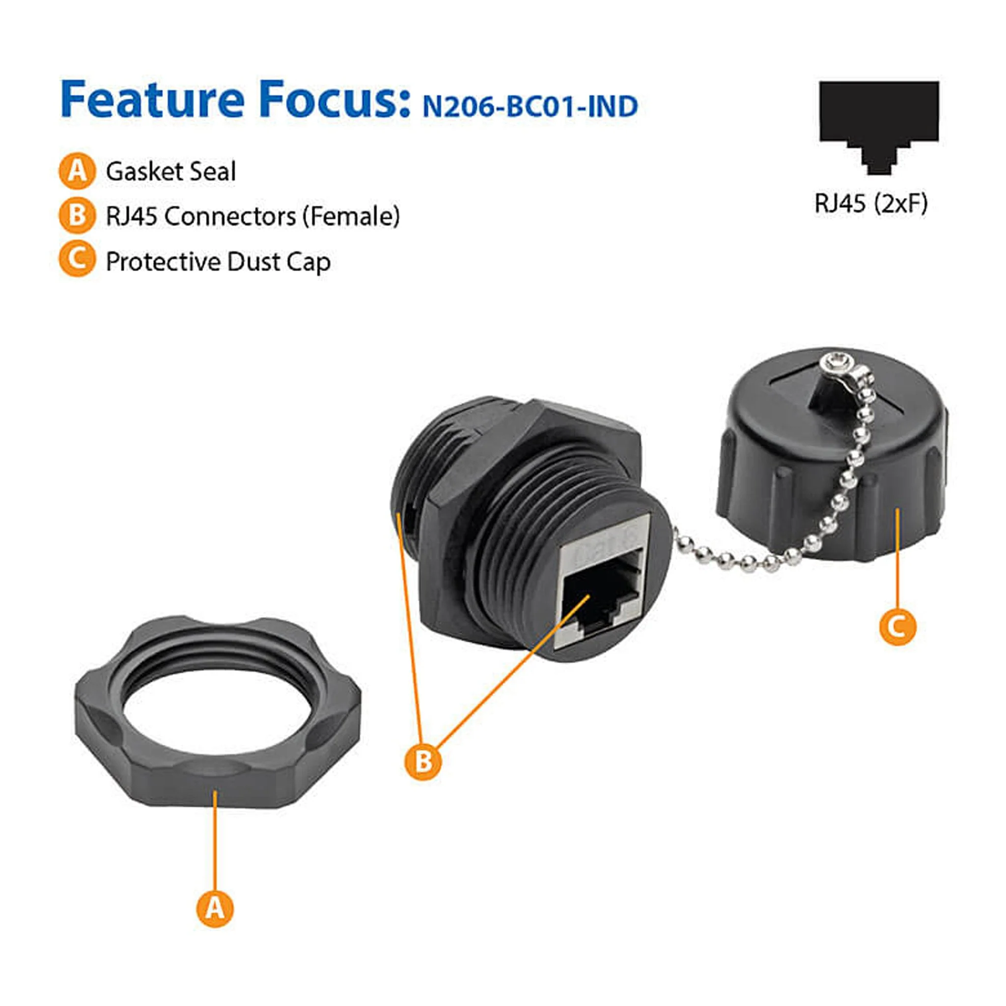 Tripp Lite N206-BC01-IND F/F IP68 Shielded Cat5/Cat6 RJ45 Industrial Bulkhead Coupler with Dust Cap - Image 5