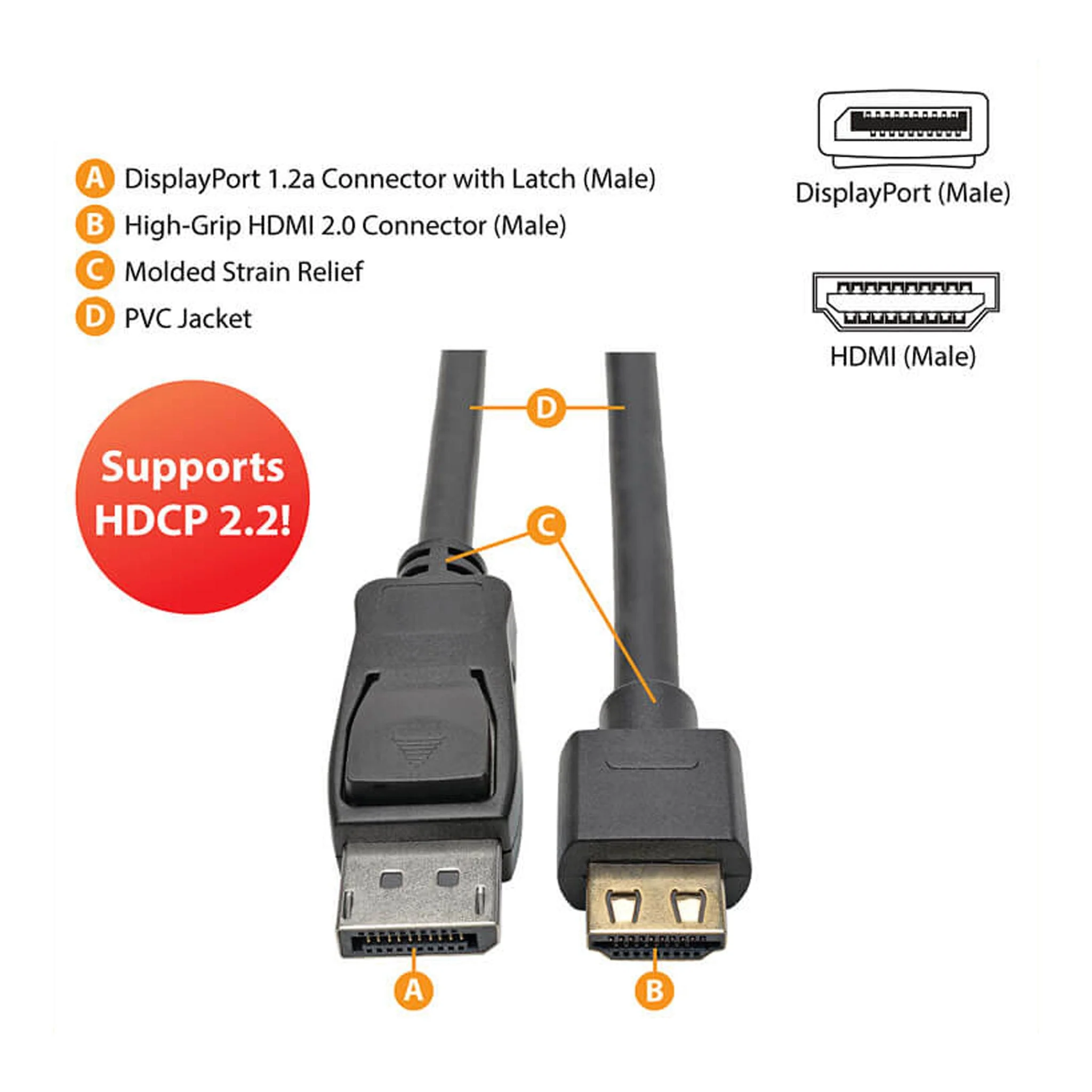 Tripp Lite P582-006-HD-V2A 6ft Male to Male DisplayPort 1.2 to HDMI Active Adapter Cable - Black - Image 2