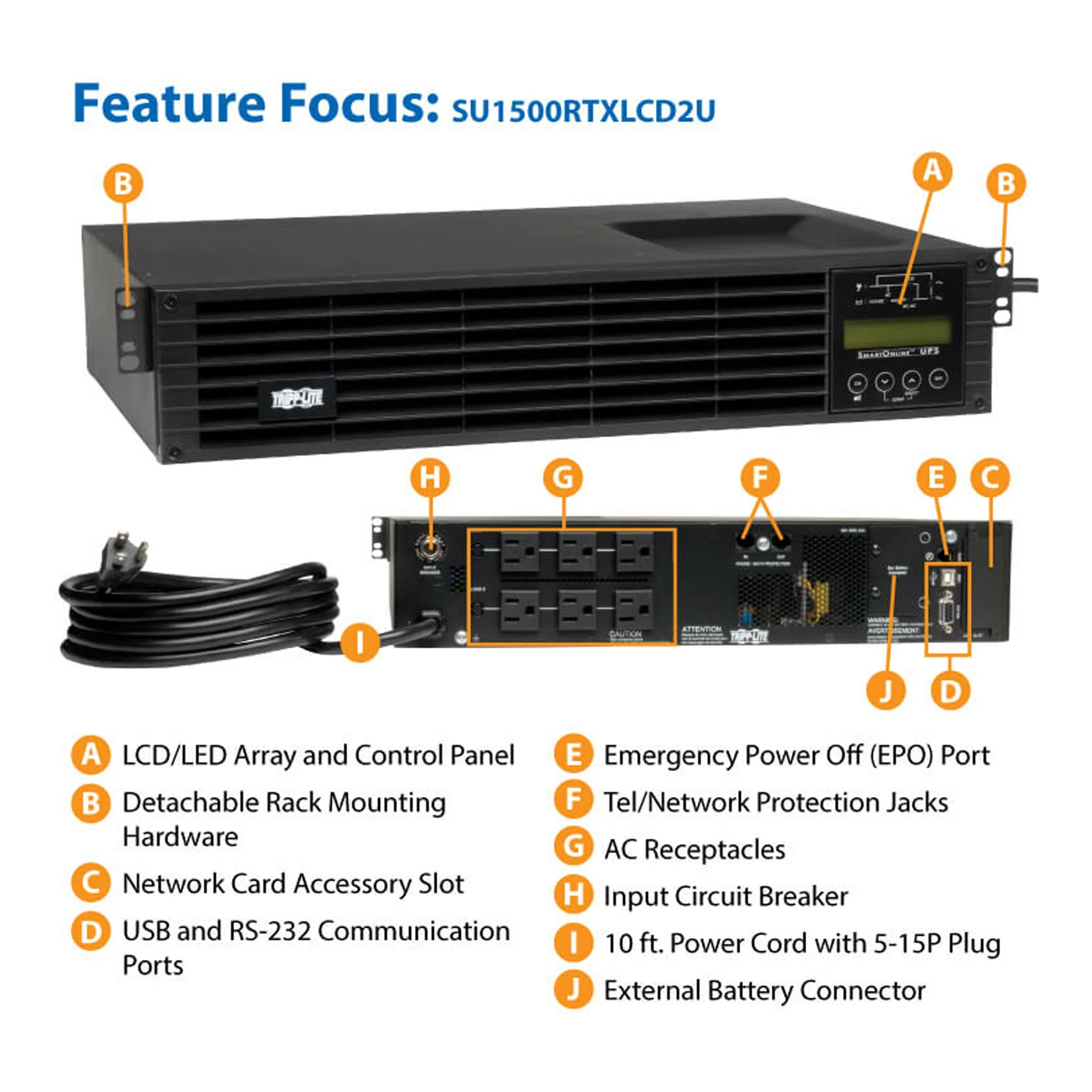 Tripp Lite SU1500RTXLCD2U 6-Outlet 1500VA 1350W 2U Rackmount SmartOnline UPS - Image 4