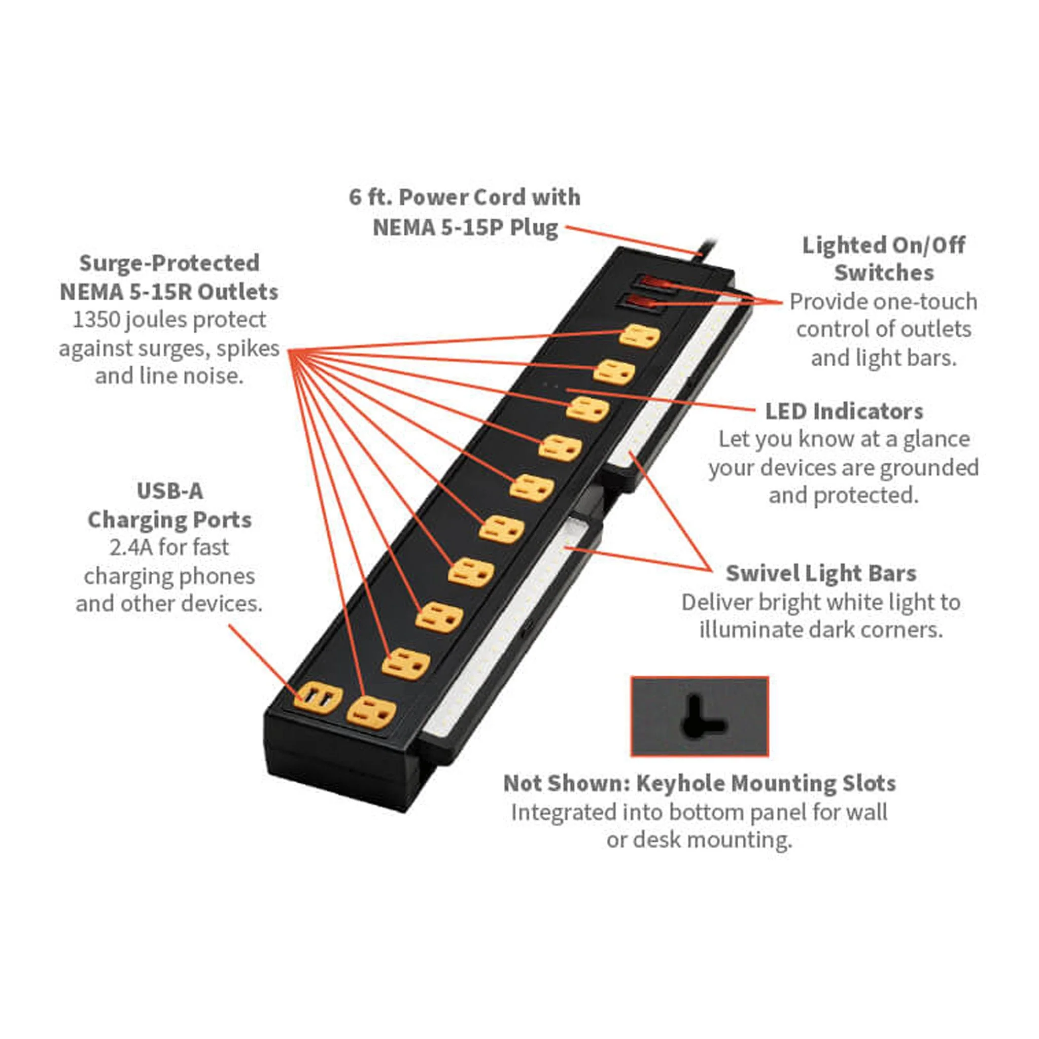 Tripp Lite TLP1006USB 10-Outlet 2 USB Ports 1350 Joules Protect It! Surge Protector with Swivel Light Bars - Image 5