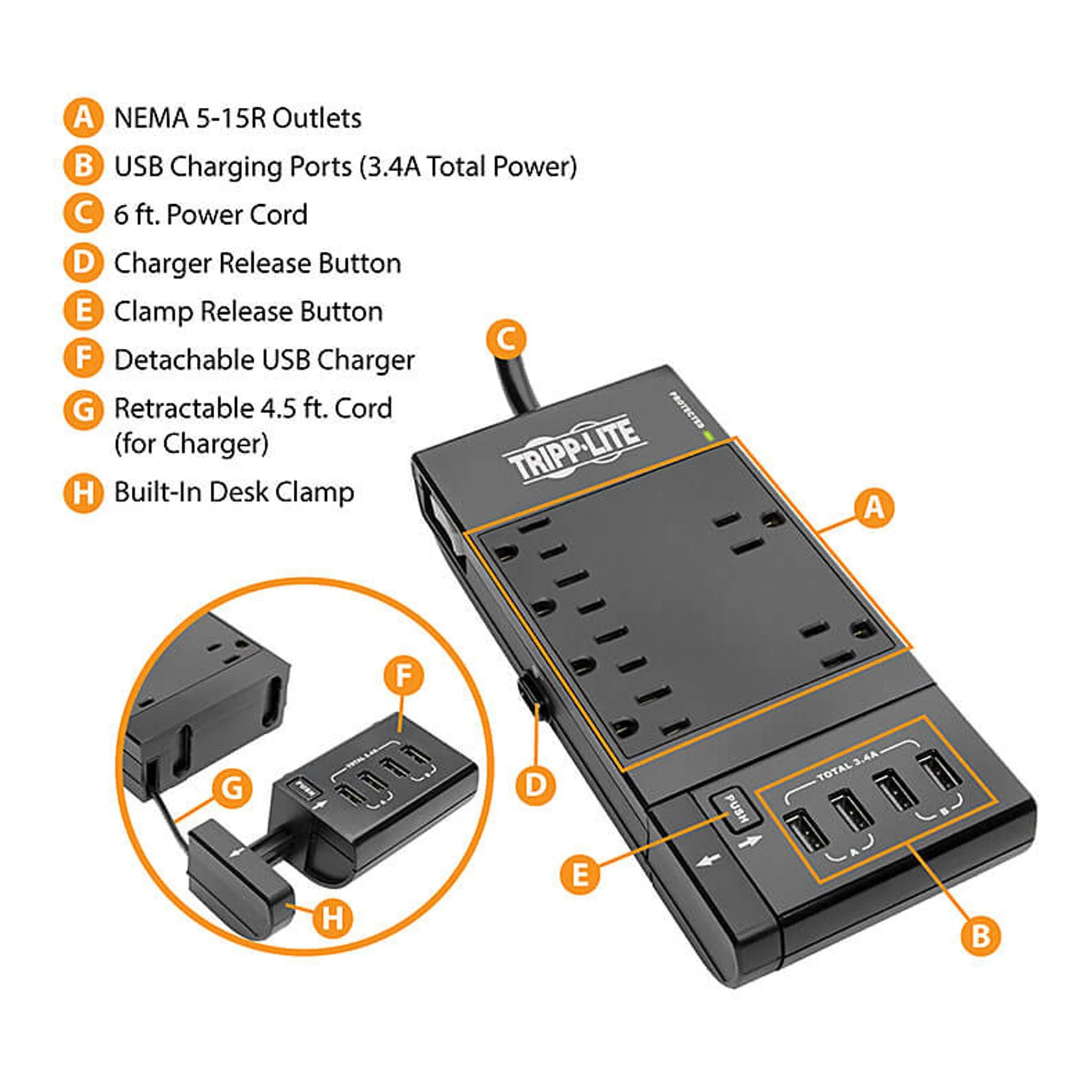 Tripp Lite TLP66USBR 6-Outlet 4 USB Ports 1080 Joules Protect It! Surge Protector - Black - Image 5